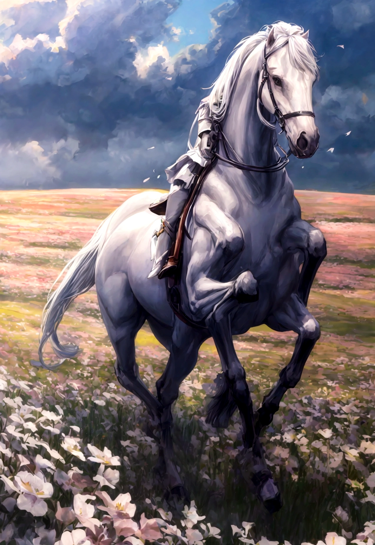 a beautiful white horse galloping through a field of flowers
