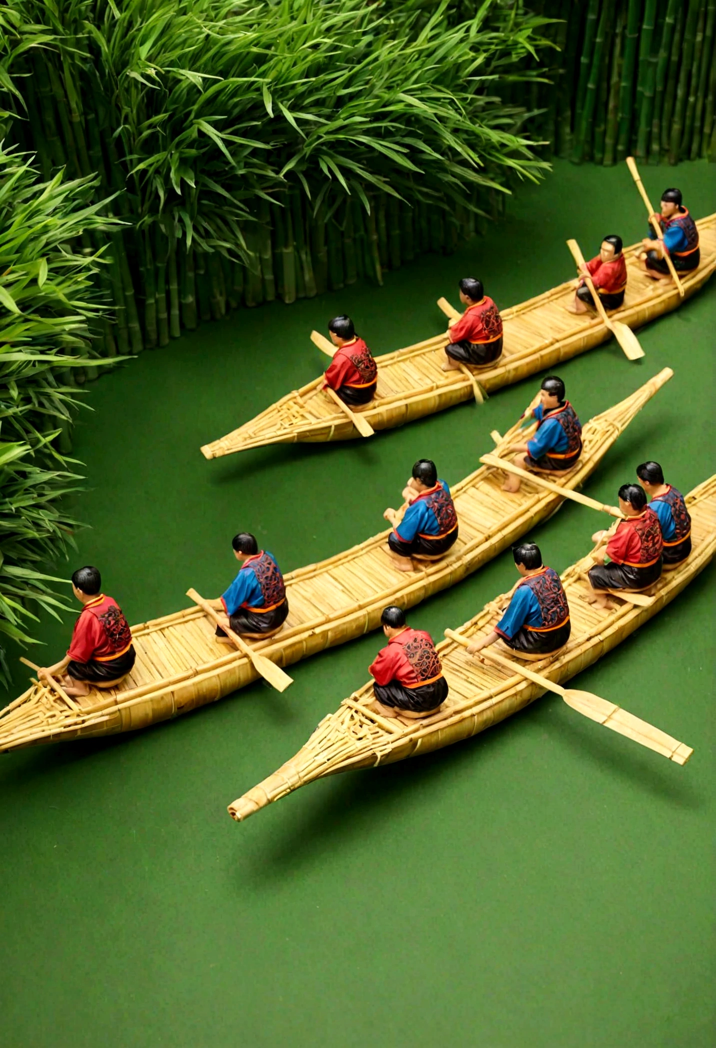 A miniature scene，A group of people are competing in dragon boats made with bamboo， during the Dragon Boat Festival in China, incredibly creative，incredible, Tatsuya Tanaka style