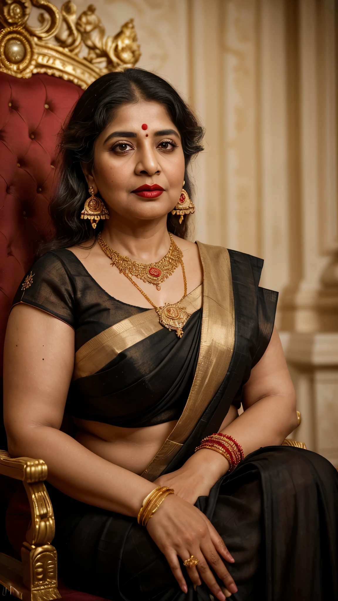 photorealistic,fullbody shot,cinematic shot, studio lighting, shot Phase One, ISO 100, natural lighting , sharpen , lightroom, fine art photography, hyperdetailed, highly detailed, 8 k, sharp details on face, photography, woman, (55+ age) woman in black Bengali saree, looking at viewer, jewerly and hair on hair, red lipstick, golden necklace, earrings, ornate, detail, flowers, blurry background, soft focus (curvy body) (chubby MATURE), Kakatiya Rani Rudrama devi Look, The haughty lady, Inside the palace, the entire gathering is present, high level camera anchor sitting proudly on his throne