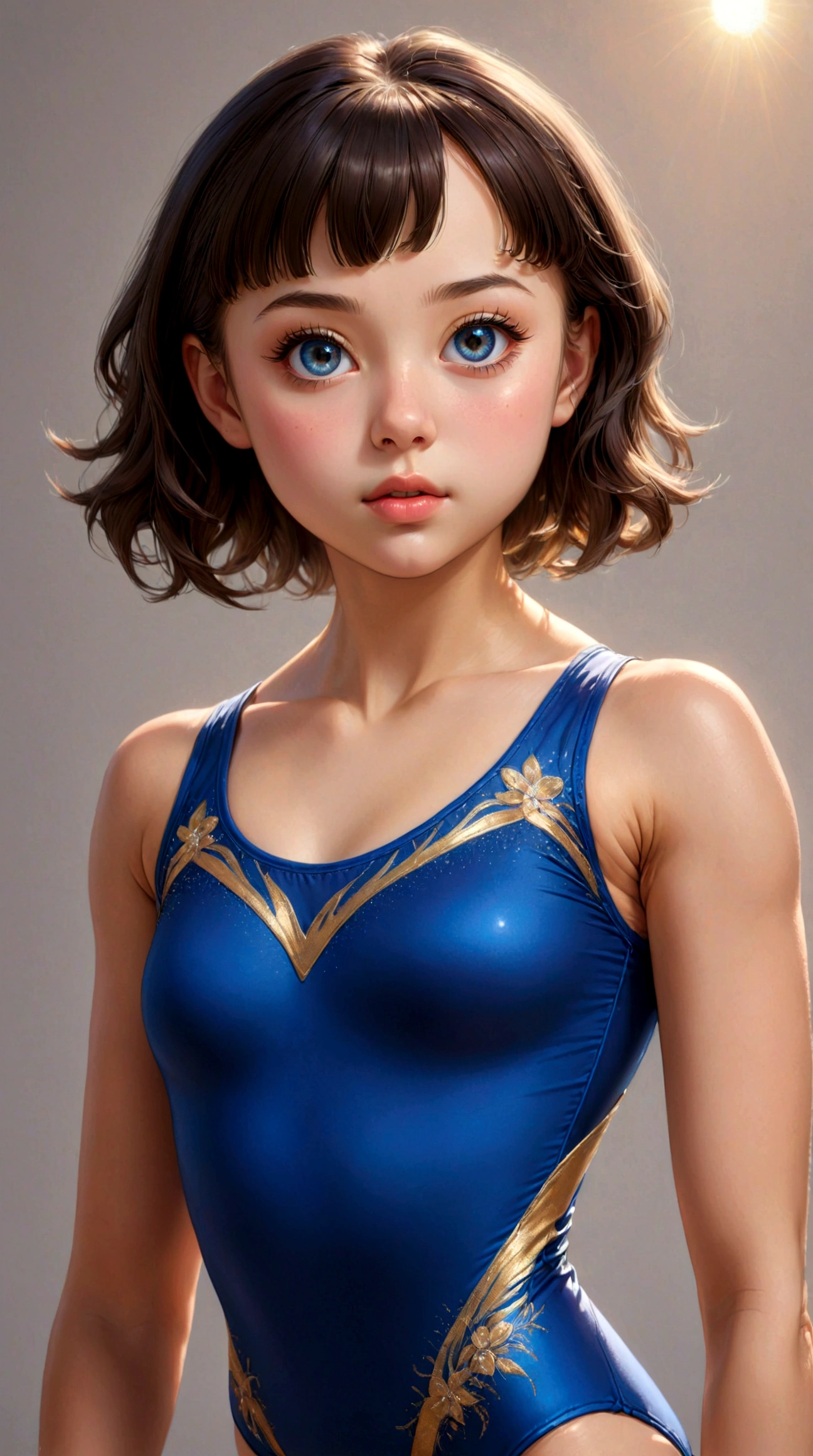 a high school girl wearing a gymnastics leotard, full body, extremely detailed, best quality, highly detailed face and features, beautiful detailed eyes, beautiful detailed lips, extremely detailed eyes and face, long eyelashes, photorealistic, 8k, HDR, studio lighting, sharp focus, physically-based rendering, ultra-fine painting, vivid colors, realistic, portrait