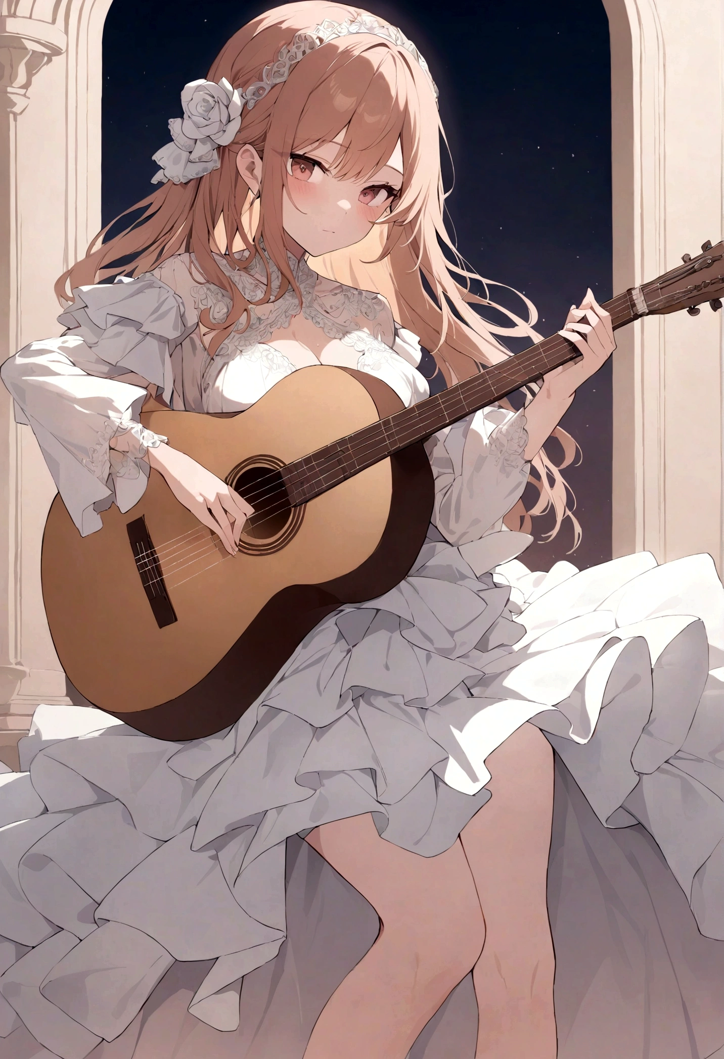 a girl is playing a flamenco and classical guitar