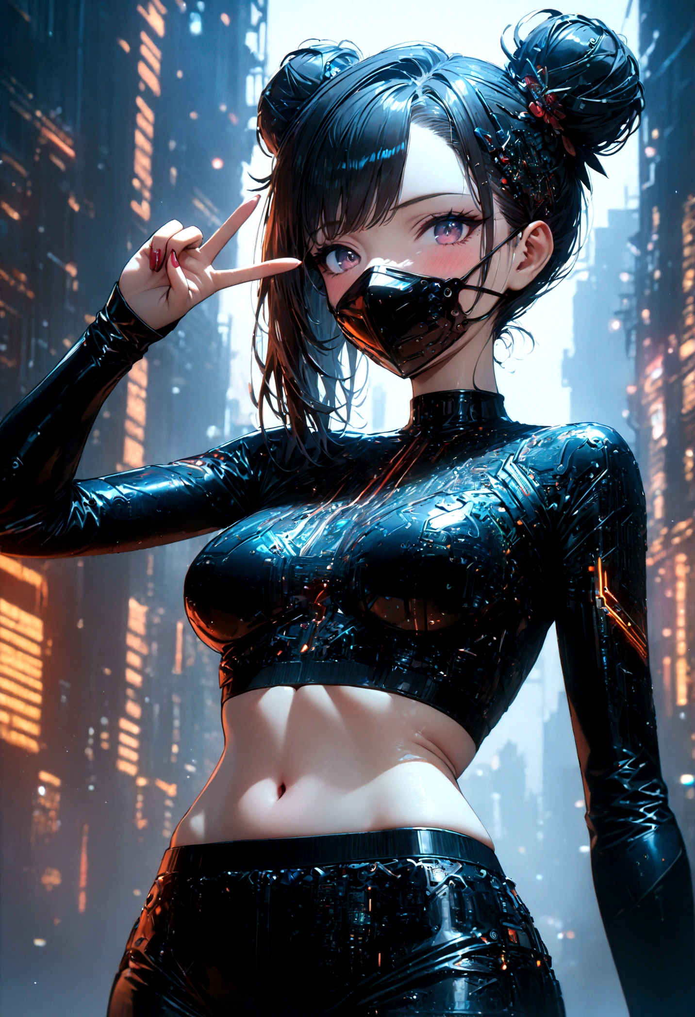 beautiful Cybernetics girl, heart hair bun, Hair accessories, (Delicate skin), Pale skin, black crop top made of circuit boards, Futuristic pants, on branch, v, (Metal Surgical Mesh Mask) Cover your face, ((Mouth covered)), cyberpunk background,Sensual, is attractive, Japanese words with glitter effect, (masterpiece:1.3), (best quality:1.3), (ultra detailed:1.3), 8k, extremely clear