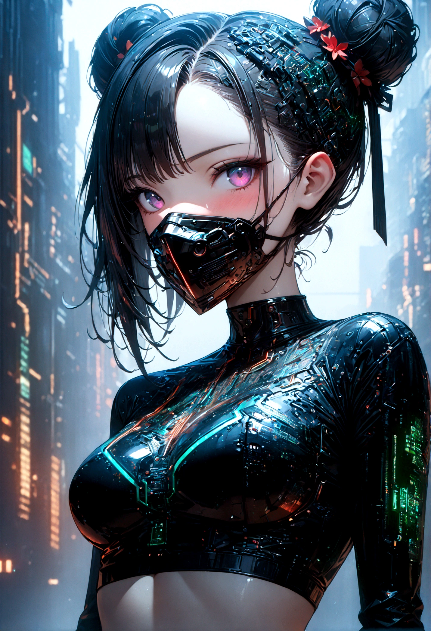 beautiful Cybernetics girl, heart hair bun, Hair accessories, (Delicate skin), Pale skin, black crop top made of circuit boards, Futuristic pants, on branch, v, (Metal Surgical Mesh Mask) Cover your face, ((Mouth covered)), cyberpunk background,Sensual, is attractive, Japanese words with glitter effect, (masterpiece:1.3), (best quality:1.3), (ultra detailed:1.3), 8k, extremely clear