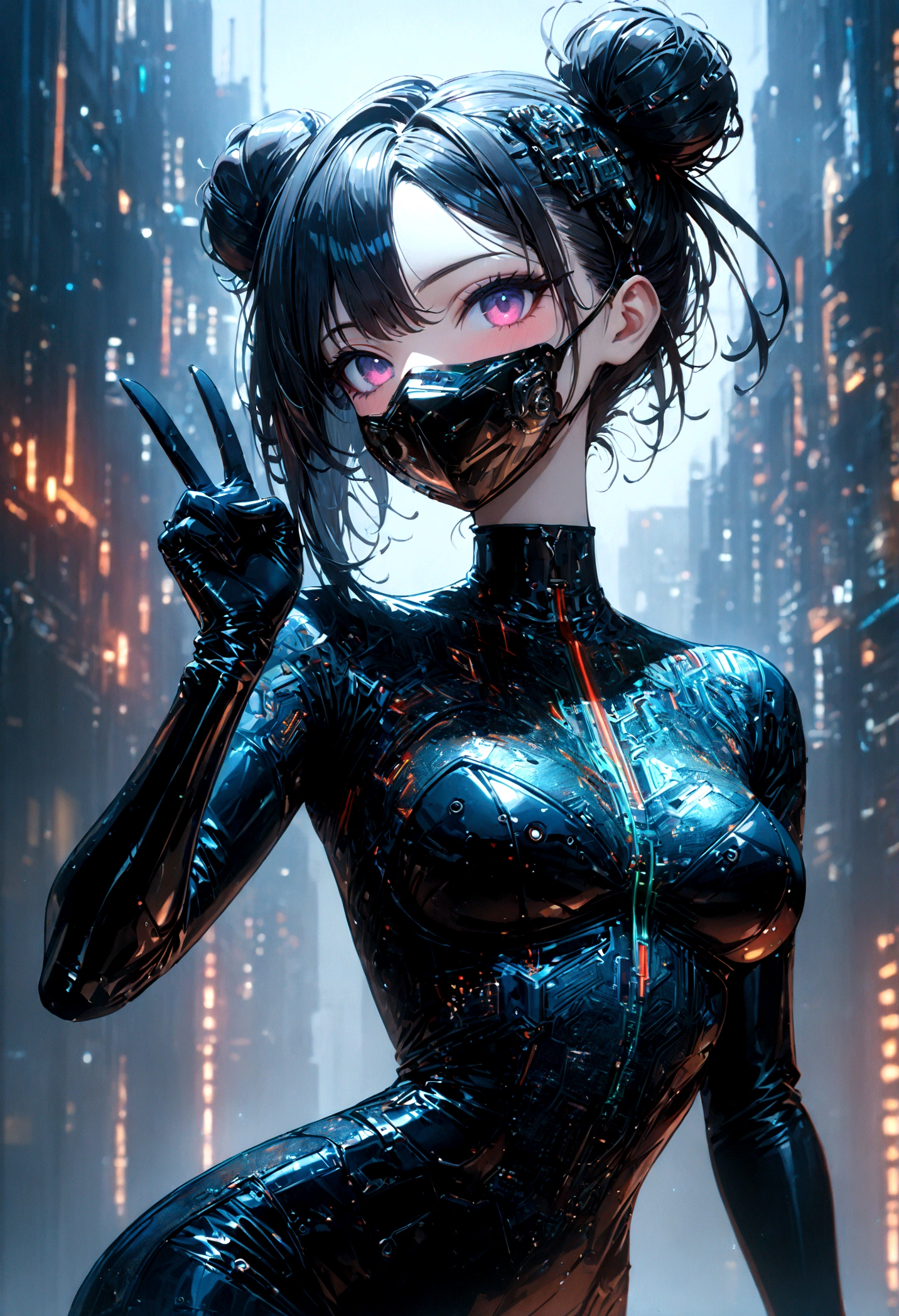 beautiful Cybernetics girl, heart hair bun, Hair accessories, (Delicate skin), Pale skin, black crop top made of circuit boards, Futuristic pants, on branch, v, (Metal Surgical Mesh Mask) Cover your face, ((Mouth covered)), cyberpunk background,Sensual, is attractive, Japanese words with glitter effect, (masterpiece:1.3), (best quality:1.3), (ultra detailed:1.3), 8k, extremely clear