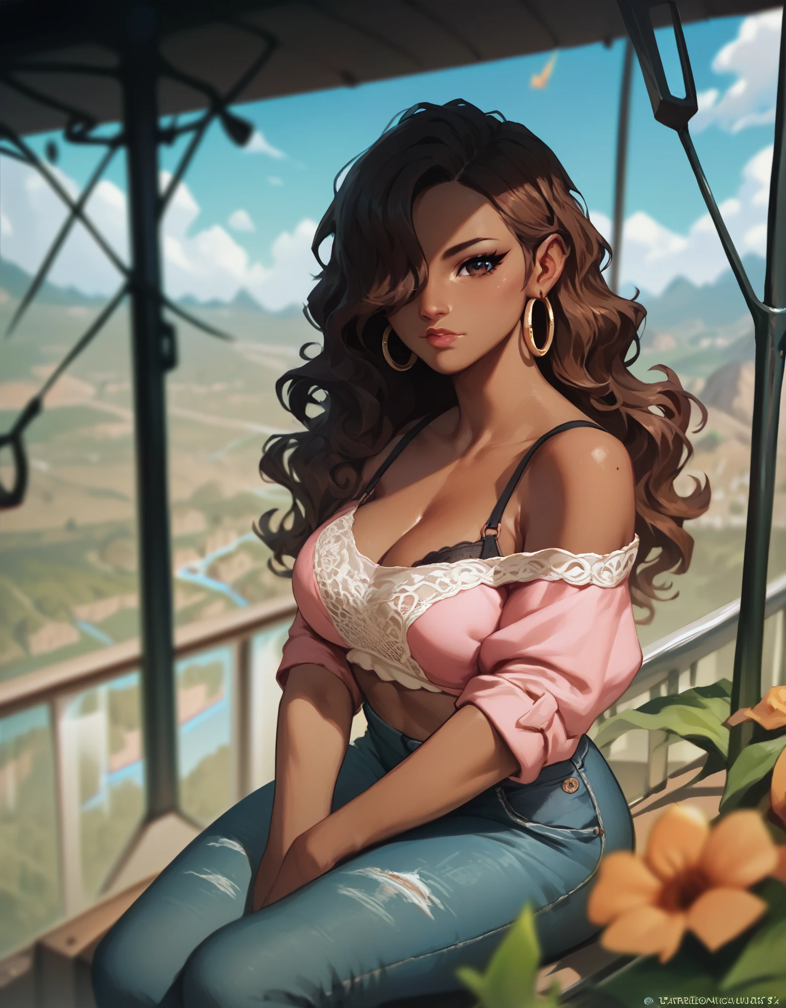 score_9, score_8_up, score_7_up, score_6_up, score_5_up, score_4_up, ((low depth of field)), , (beautiful landscape), BREAK woman sitting in a bus stand, 1girl, dark-skinned female, large breasts, brown eyes, brown hair, wavy hair, hair over one eye, hoop earrings, shirt,, off-shoulder shirt, pink topwear, bra strap, jeans, looking at viewer, curious expression
