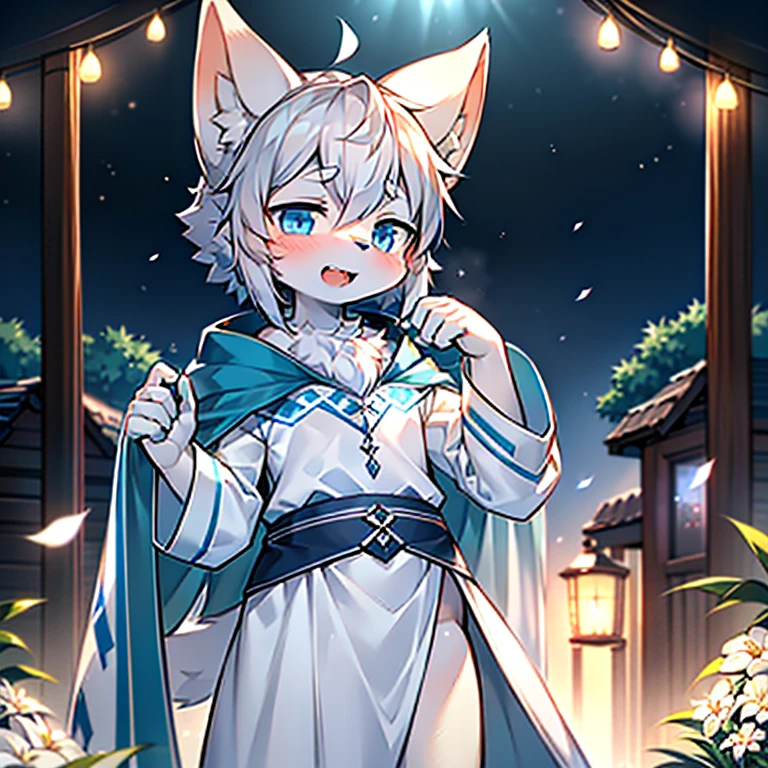 Anthropomorphic standing furry little wolf,Lovely, Light:極端的Light與影,(Flower charcoal(Hairy all over,Close-up of head and chest, Silver hair,Large silvery-white ears,Big blue eyes,The mouth is a little bigger,White fur,blushed skin ,Sky blue eyes, Silver hair:1.0), (Long canine teeth、Thick light blue cloak,White fur trims:1.2),(night、lawn)) ,((night的黑暗森林深处,firefly,solo,The only person)),((detail)),(Depth of Field),(Acting cute),(stand up))