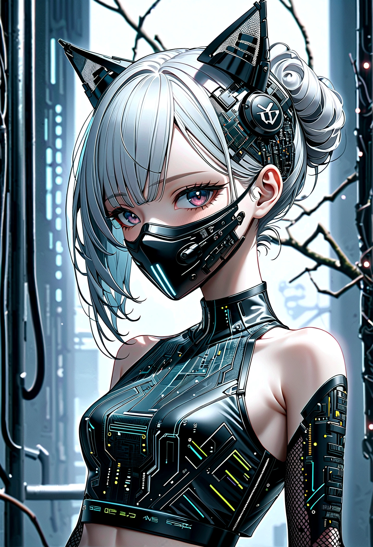 beautiful Cybernetics girl, heart hair bun, Hair accessories, (Delicate skin), Pale skin, black crop top made of circuit boards, Futuristic pants, on branch, v, (Metal Surgical Mesh Mask) Cover your face, ((Mouth covered)), cyberpunk background,Sensual, is attractive, Japanese words with glitter effect, (masterpiece:1.3), (best quality:1.3), (ultra detailed:1.3), 8k, extremely clear