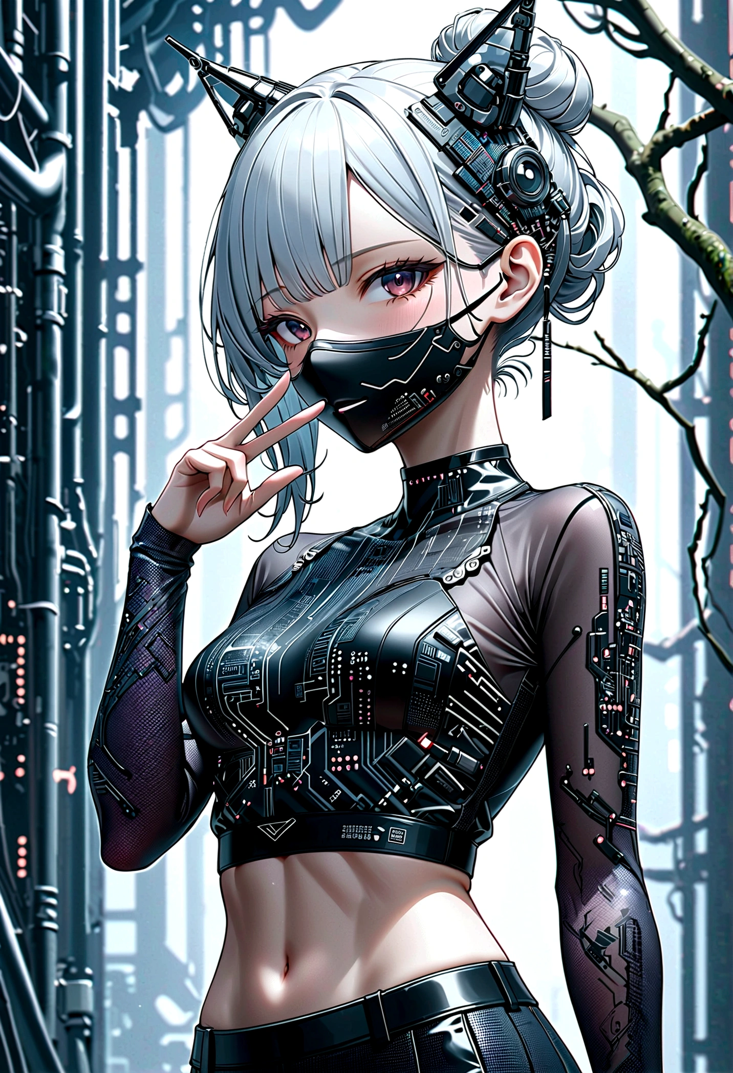 beautiful Cybernetics girl, heart hair bun, Hair accessories, (Delicate skin), Pale skin, black crop top made of circuit boards, Futuristic pants, on branch, v, (Metal Surgical Mesh Mask) Cover your face, ((Mouth covered)), cyberpunk background,Sensual, is attractive, Japanese words with glitter effect, (masterpiece:1.3), (best quality:1.3), (ultra detailed:1.3), 8k, extremely clear