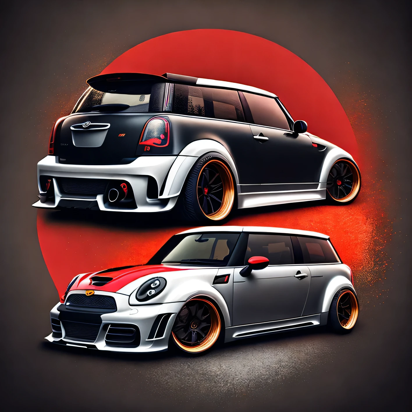 Circle T shirt design, faded background edges, Classic London buildings background, Vibrant colours, Artwork for t-shirt graphic design, bright black and red roof coloured r55 Mini Cooper Clubman S, impactful colourful paint, highly detailed vibrant colours k, sharp high contrast high saturated , aggressive stance, realistic realism sharp detailed ultrawide black and carbon fibre and deep colour scheme side profile epic stance epic ultra wide body kit aggressive looks vector image with faded out backgrounds edge