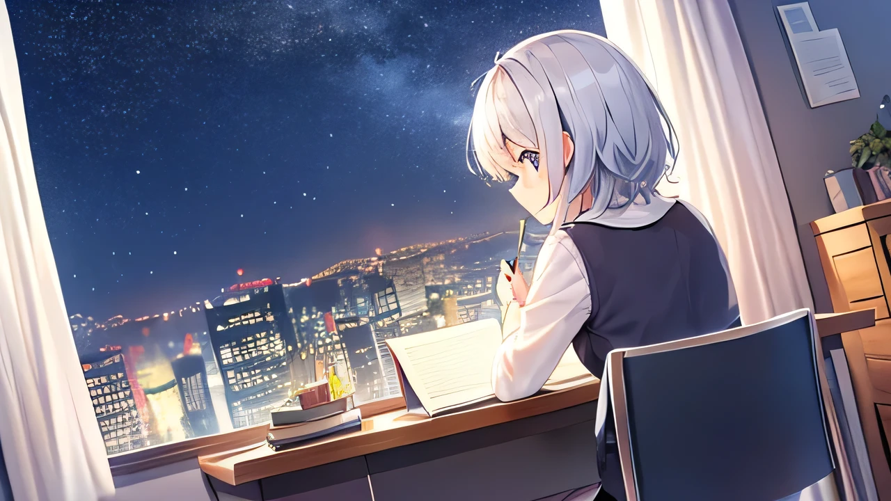 from behind,sitting in a chair,back viwe,,fantastic,starry background,to study,window,studying at his desk