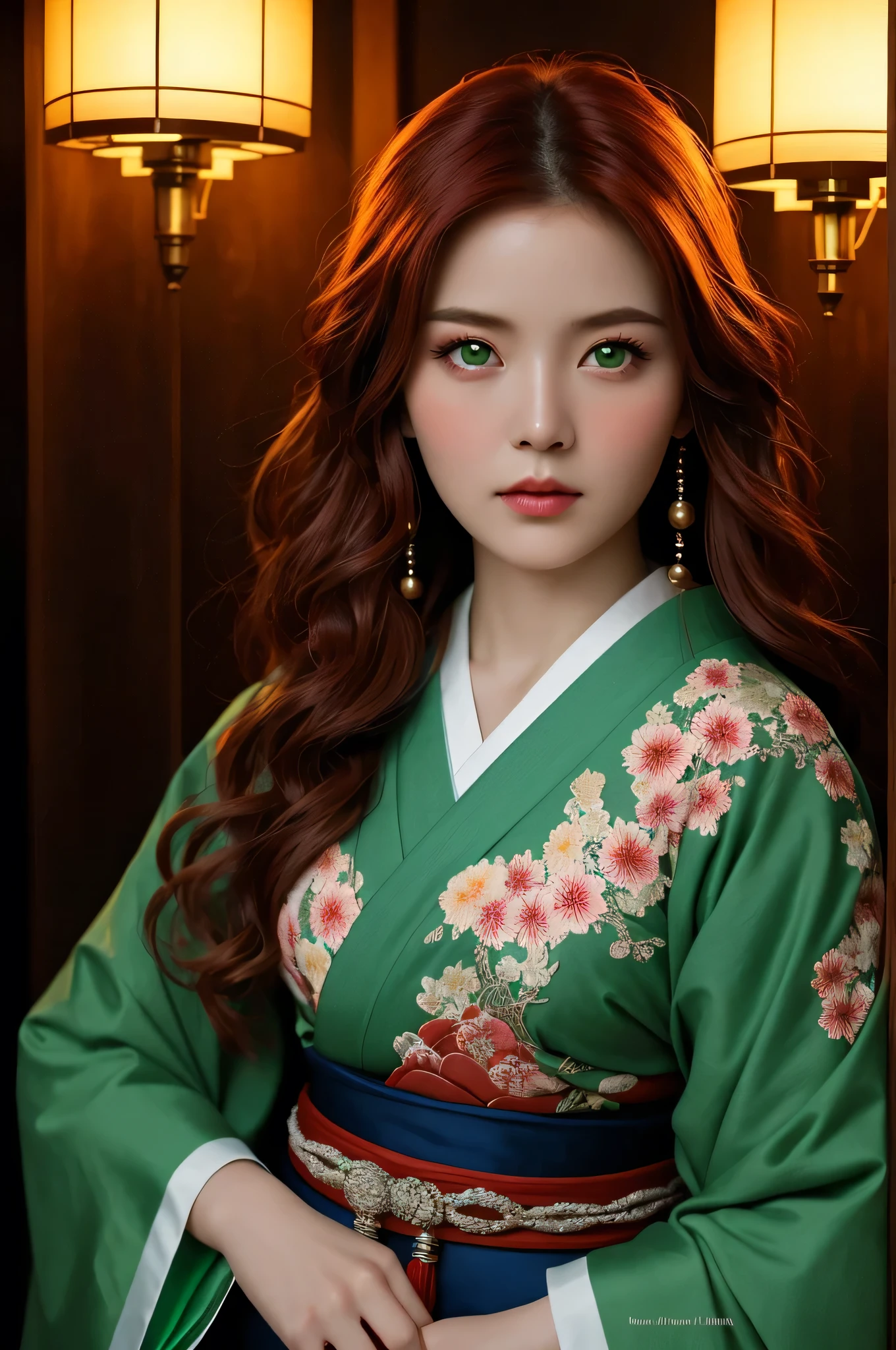 beautiful elegant traditional japanese woman, long red hair, emerald green eyes, intricate traditional japanese clothing, ornate japanese fan, highly detailed, award winning portrait, dramatic lighting, cinematic, digital art