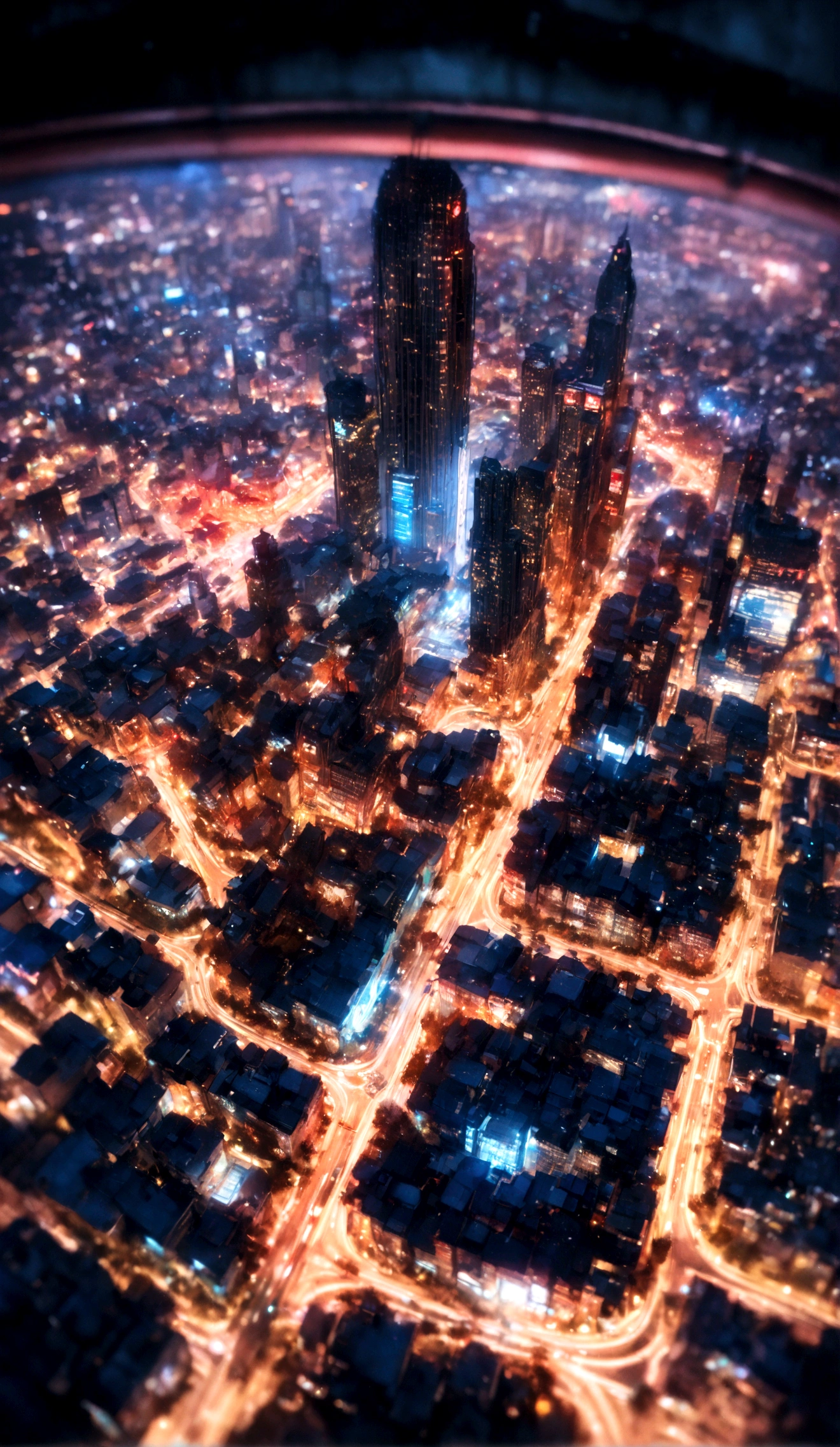 (Tilt Shift Photo:1.5) Futuristic city skyline photo, Floating among the clouds, Miniature effect from a high angle, City background with skyscrapers and neon lights, Under the gloomy, cloudy lighting, Shot on a Canon 5D Mark IV with a tilt-shift lens, (Selective Focus:1.4), Vincent Laforet style