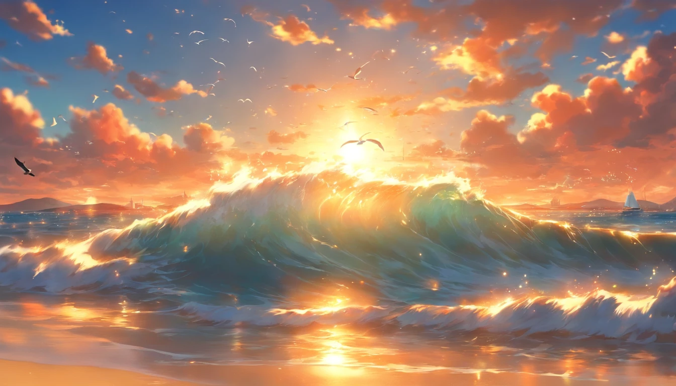 Oceanでの休暇, Ocean, Beach, Seagull, sun, Wave, masterpiece