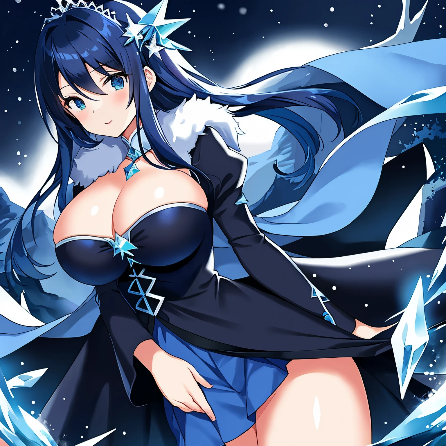 Masterpiece, high resolution, anime style beautiful girl, dark blue hair, blue eyes, huge , ice queen, black clothes, snowy night,