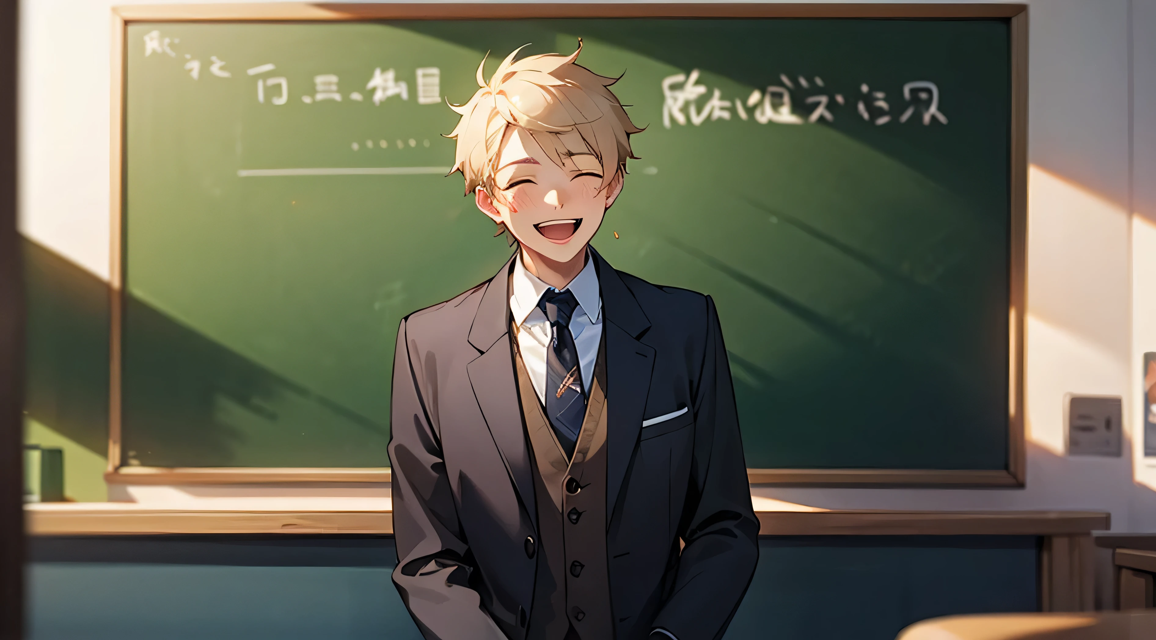Man's teacher、In front of the blackboard、laughing、suit、