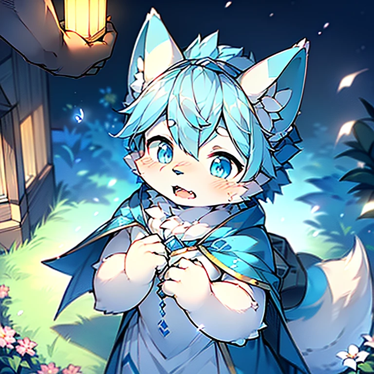 Anthropomorphic standing furry little wolf,Lovely, Light:極端的Light與影,(Flower charcoal(Hairy all over,Close-up of head and chest, light blue hair,Big light blue ears,Big blue eyes,The mouth is a little bigger,White fur,blushed skin ,Sky blue eyes, light blue hair:1.2), (Long canine teeth、Thick blue cape,White fur trims:1.2),(night、lawn)) ,((night的黑暗森林深处,firefly,solo,The only person)),((detail)),(Depth of Field),,(stand up))