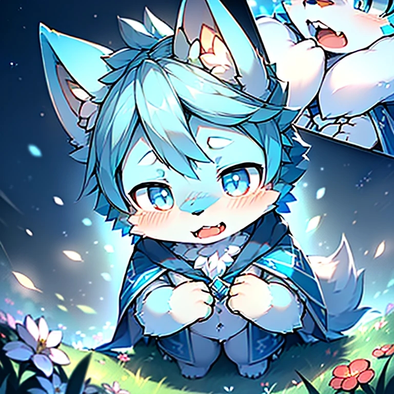 Anthropomorphic standing furry little wolf，Lovely, Light：極端的Light與影,(Flower charcoal(Hairy all over,Close-up of head and chest， light blue hair,Big light blue ears，Big blue eyes，The mouth is a little bigger，White fur，blushed skin ，Sky blue eyes, light blue hair:1.2), (Long canine teeth、Thick blue cape，White fur trims：1.2），（night、lawn)) ，((night的黑暗森林深处，firefly，solo，The only person))，((detail))，（Depth of Field)，，(stand up))