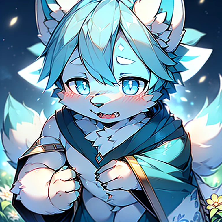 Anthropomorphic standing furry little wolf，Lovely, Light：極端的Light與影,(Flower charcoal(Hairy all over,Close-up of head and chest， light blue hair,Big light blue ears，Big blue eyes，The mouth is a little bigger，White fur，blushed skin ，Sky blue eyes, light blue hair:1.2), (Long canine teeth、Thick blue cape，White fur trims：1.2），（night、lawn)) ，((night的黑暗森林深处，firefly，solo，The only person))，((detail))，（Depth of Field)，，(stand up))