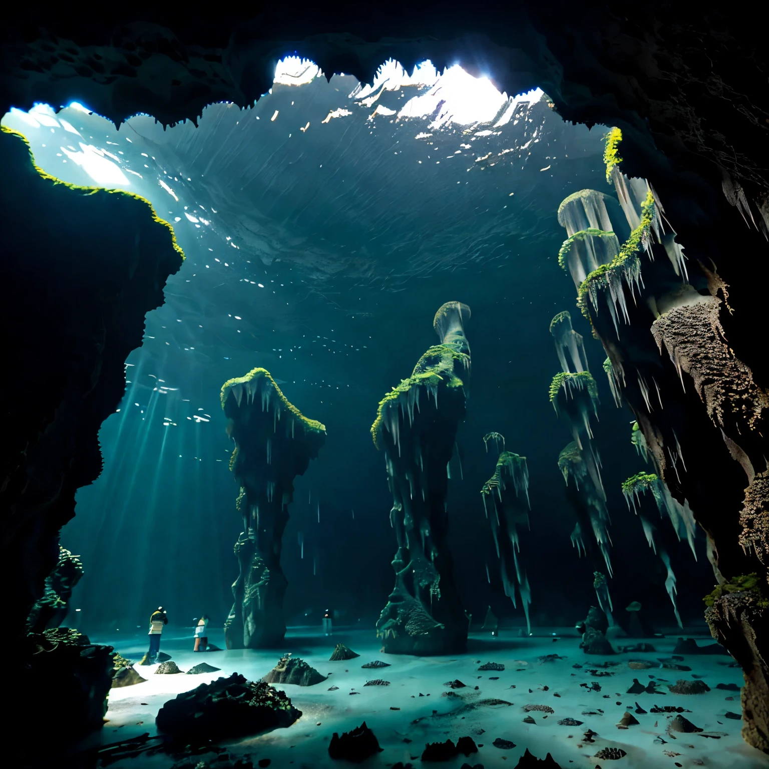 一个海底Stalactites洞，Stalactites，The abyss under the sea，Darkness without light，deep sea，The path is rough，Multiple holes，Dark Undersea Cave，Complex terrain，Dark environment，Fish School，Dark cave，Horrible atmosphere