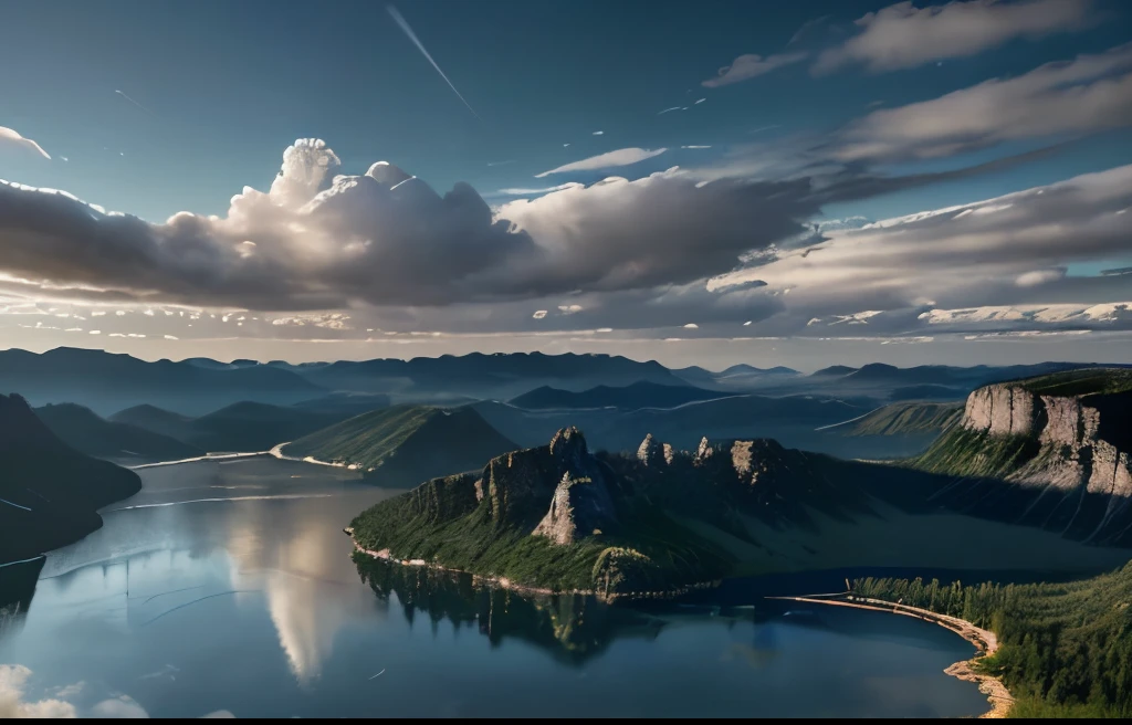 Masterpiece, ultimate quality, Cg unity 8k wallpaper, super delicate, beautiful sky and clouds, rich natural scenery, the vast Blue Lake surrounded by mountains and hills, no trace of people, there are no buildings, excellent scenery, has already won a photo contest, background Blurring, full depth of field, HDR high dynamics, true restoration, intricate, extreme details, dramatic presentation, perfectly presenting the style of midjourney art.