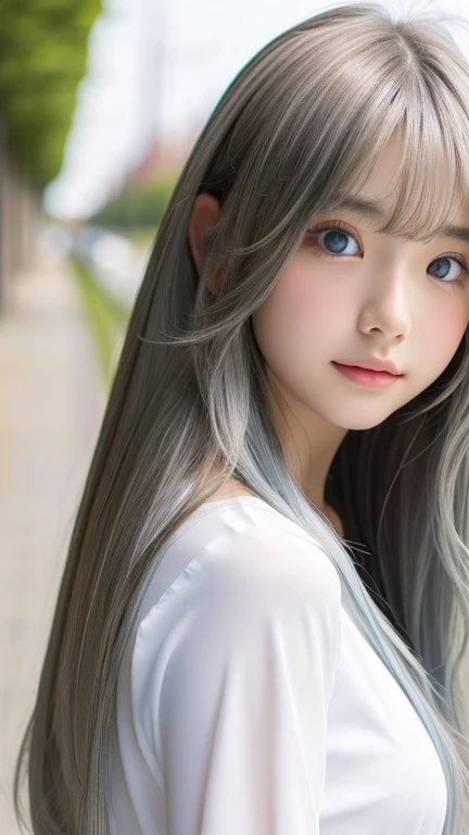The Shining, clear, White skin、Her windblown silver hair hides her beautiful face..、Huge、Sexy beautiful face of 16 year old、Beautiful straight hair that stands out、growing up, light blue eyes shimmering、Sexy long silky bangs that cover the eyes, Sexy young woman with super long hair hiding her sexy face、The Shining silver hair、(((Sexy Woman)))、Small breasts、