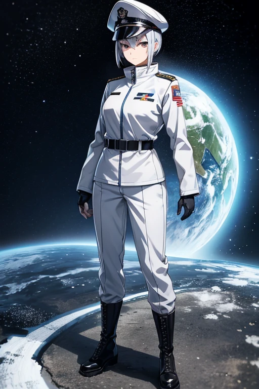 Anime drawings、Full body portrait、Space SF soldiers、A female soldier, standing upright, about 185cm tall, about 42 years old, wearing a silver military uniform and a silver jacket.、Bullish expression、Short medium hairstyle、Silver Hair、Military boots、Silver military cap、Silver Eyes