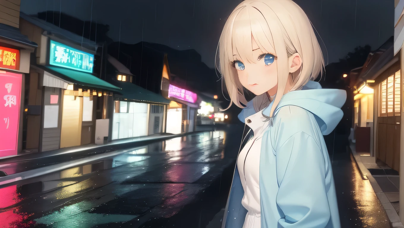 Anime Style、Rainy Town、Girl getting wet in the rain、Light blue raincoat