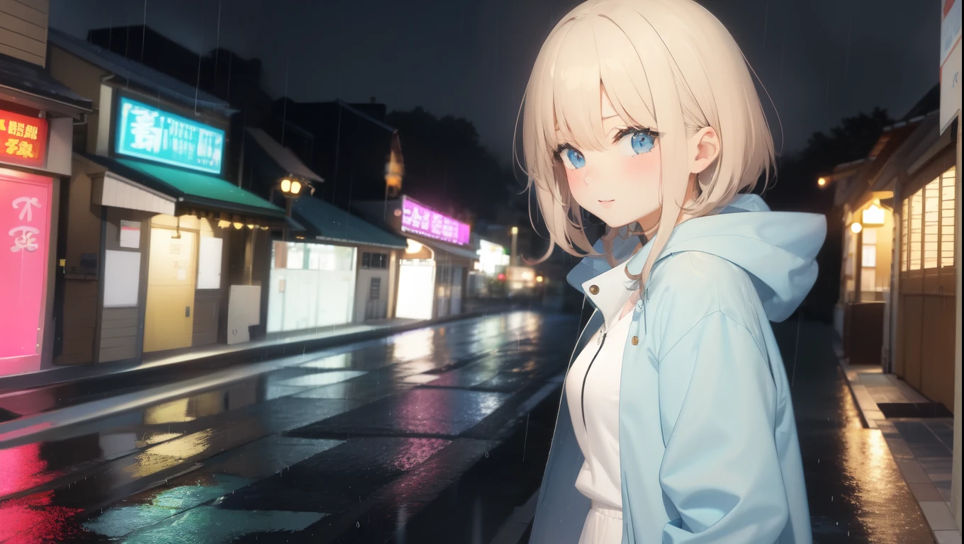 Anime Style、Rainy Town、Girl getting wet in the rain、Light blue raincoat