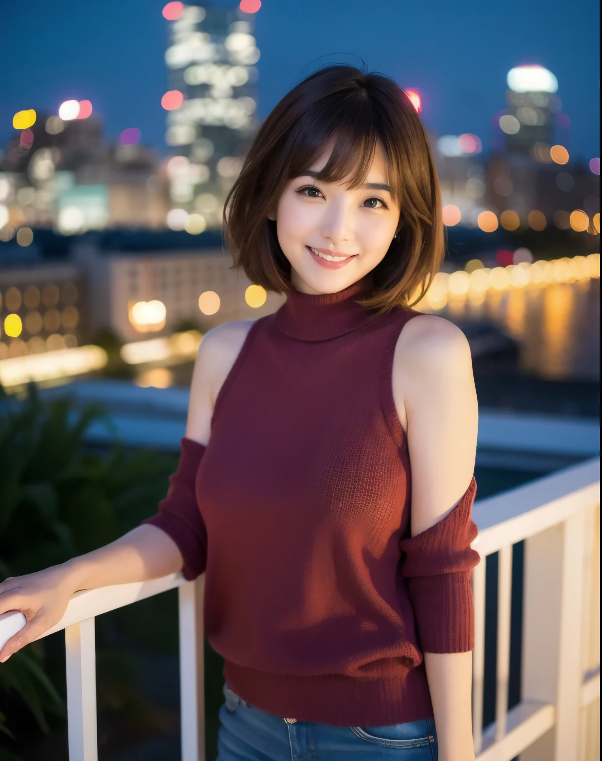 High-quality photos、(Live-action 1.3)、Soft Light、One Japanese woman、28 years old、Perfect visuals、Beautiful and cute、Beautiful breasts、Delicate and beautiful face、Cool and cute smile、Embarrassed face、Short Hair、Brown hairstyle、Shoulder knit wear(Random colors)、A hotel with a night view in the background、
