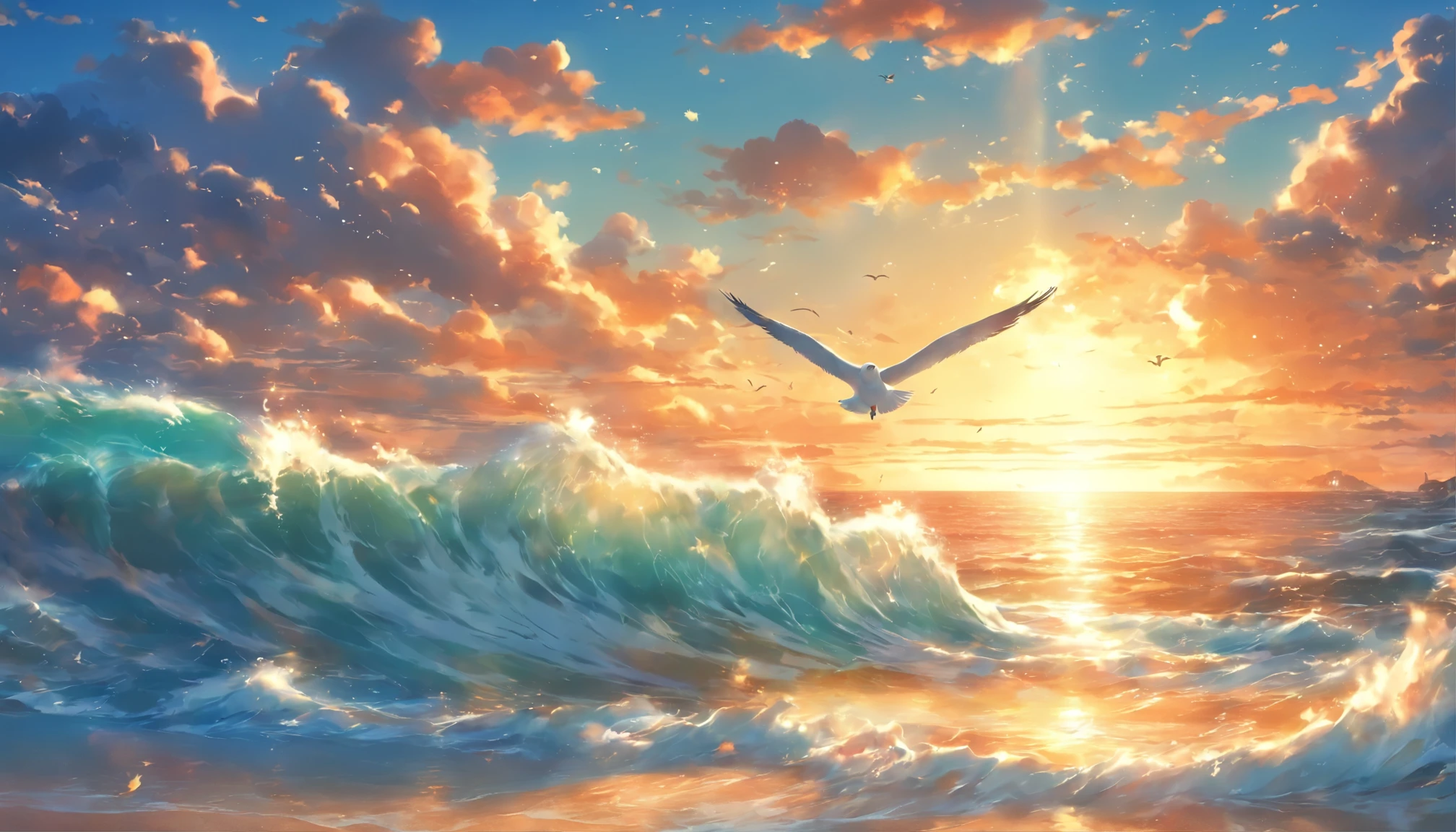 Oceanでの休暇, Ocean, Beach, Seagull, sun, Wave, masterpiece