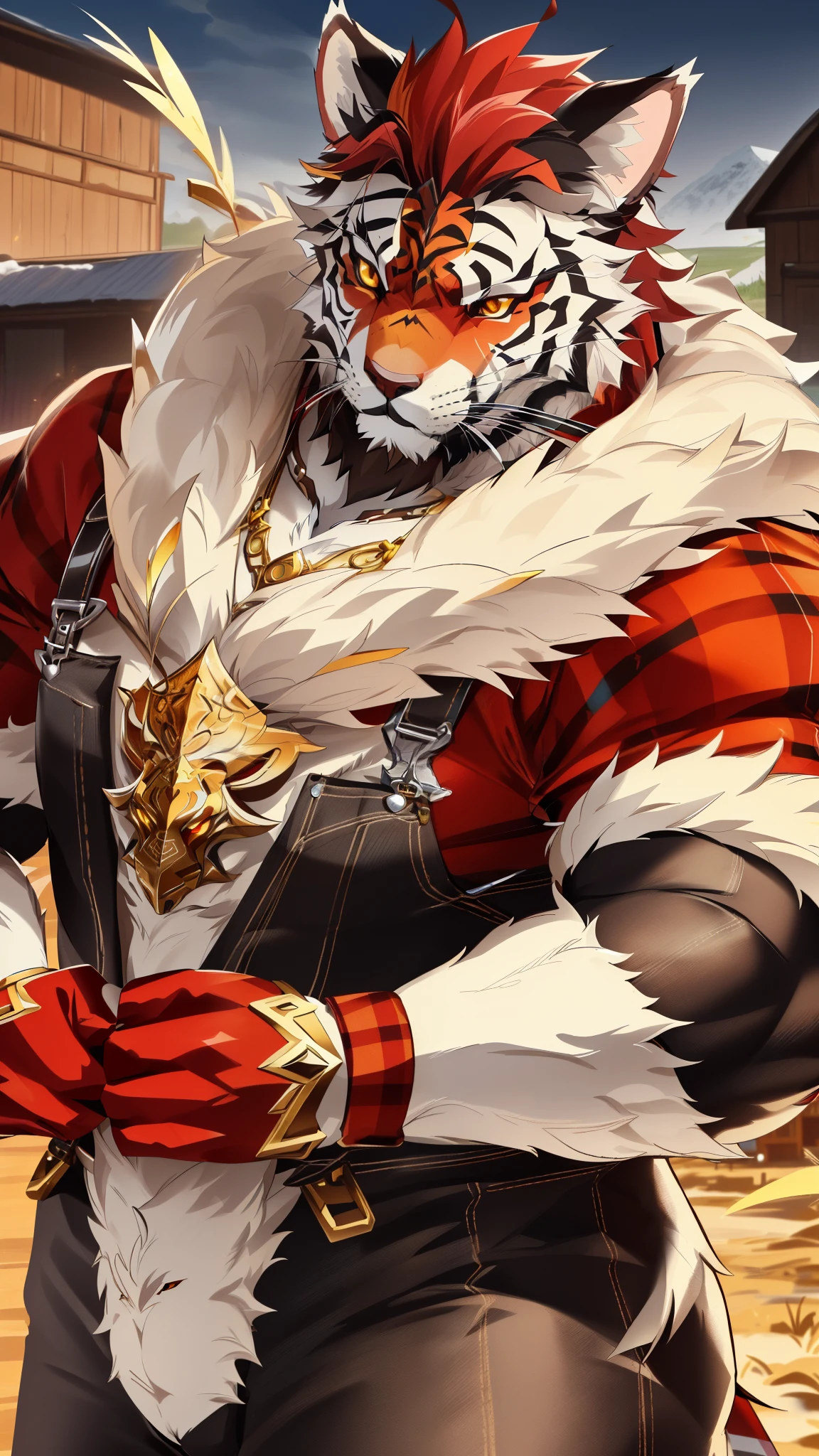 male, furry, wolf anthro, solo,(((detailed face))), ((detailed eyes)), Defined eyes, Tiger, Red Fur, White Stripes, (((red and white fur))), yellow eyes, ((glowing yellow eyes)), Bara, muscular build, ((Strongman Build)), farmer clothes, ((flannel shirt and black overalls)), farm background, ((crops in background with farm house)),