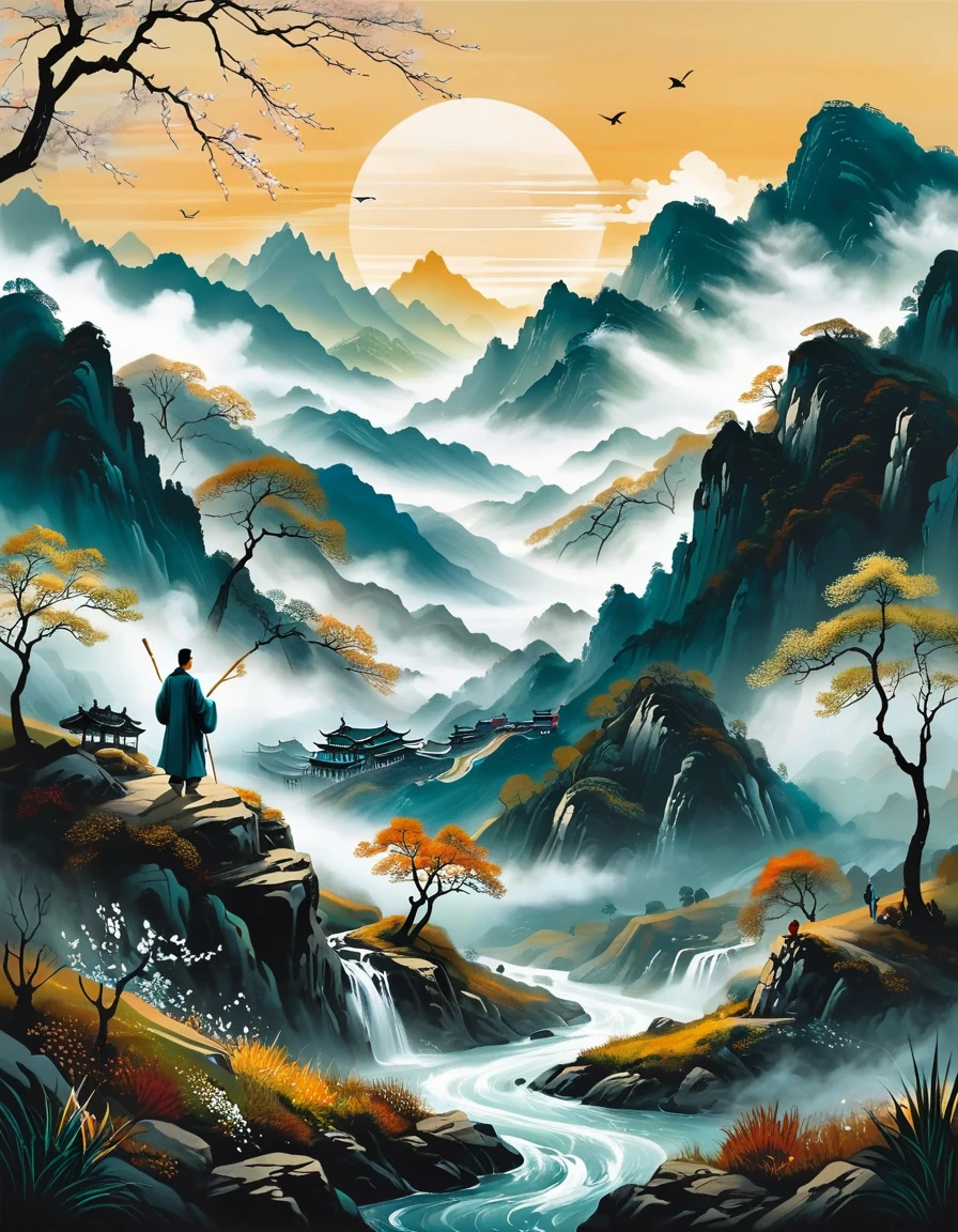 The overall color is cold, and the background is a dark color, symbolizing the sorrow of autumn and the desolation of the wind and spring; mountains and valleys are drawn in the middle of the picture, and flowing lines represent the spring water; mountains are drawn above the picture, and light gray is used between the mountains and the top of the mountain. The misty and misty scene is depicted; on one side of the picture, there is a poet dressed in ancient costumes, holding a stick or fan, facing north; the poet is walking on a winding path; third-person perspective, 8k，xianxia