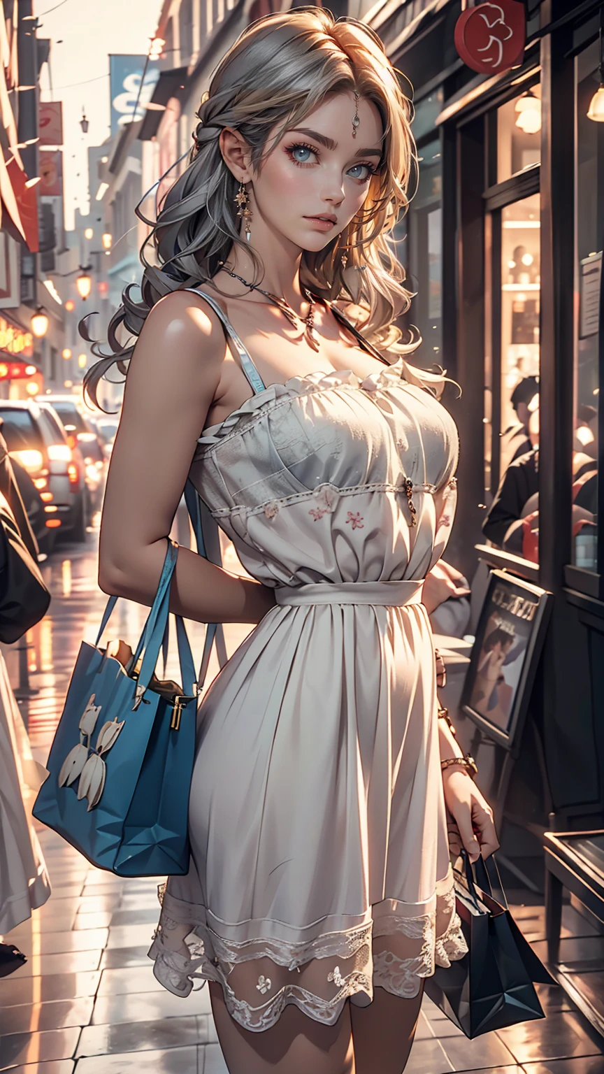 24 year old Caucasian female、blue eyes、Silver Hair、long hair、Vertical roll on one side((side drill))、Wear a sheer camisole dress、Wear mules、Tote bag on shoulder、French bread comes out of the tote bag、Shopping in the downtown area