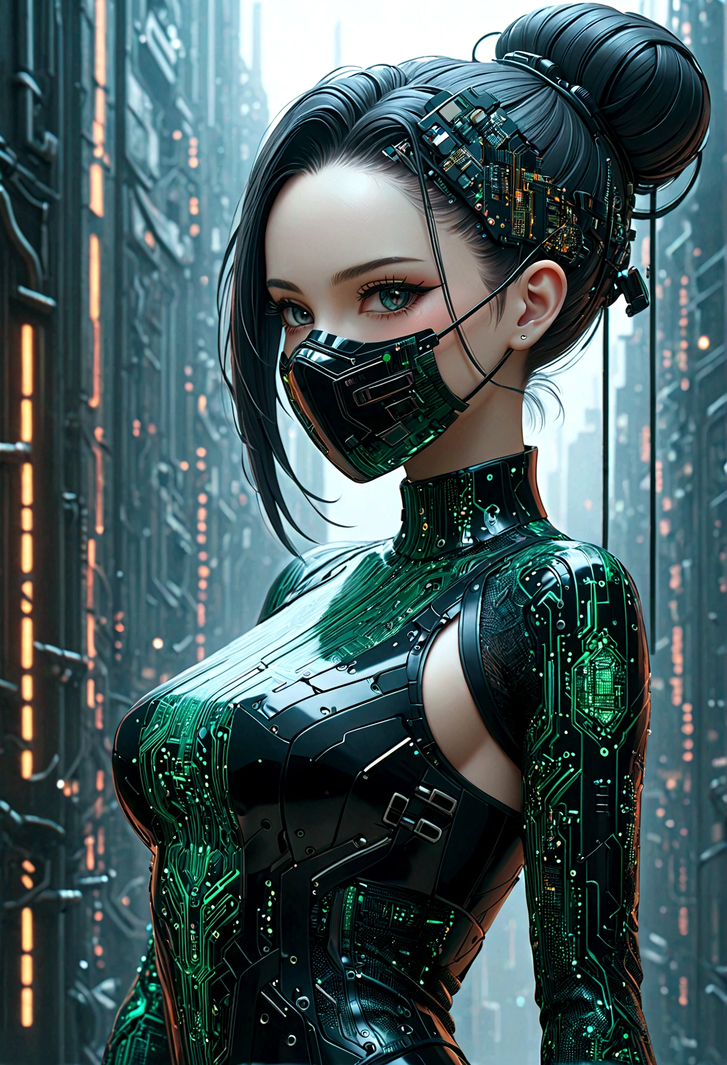 beautiful Cybernetics girl, heart hair bun, Hair accessories, (Delicate skin), Pale skin, black crop top made of circuit boards, Futuristic pants, on branch, v, (Metal Surgical Mesh Mask) Cover your face, ((Mouth covered)), cyberpunk background,Sensual, is attractive, Japanese words with glitter effect, (masterpiece:1.3), (best quality:1.3), (ultra detailed:1.3), 8k, extremely clear