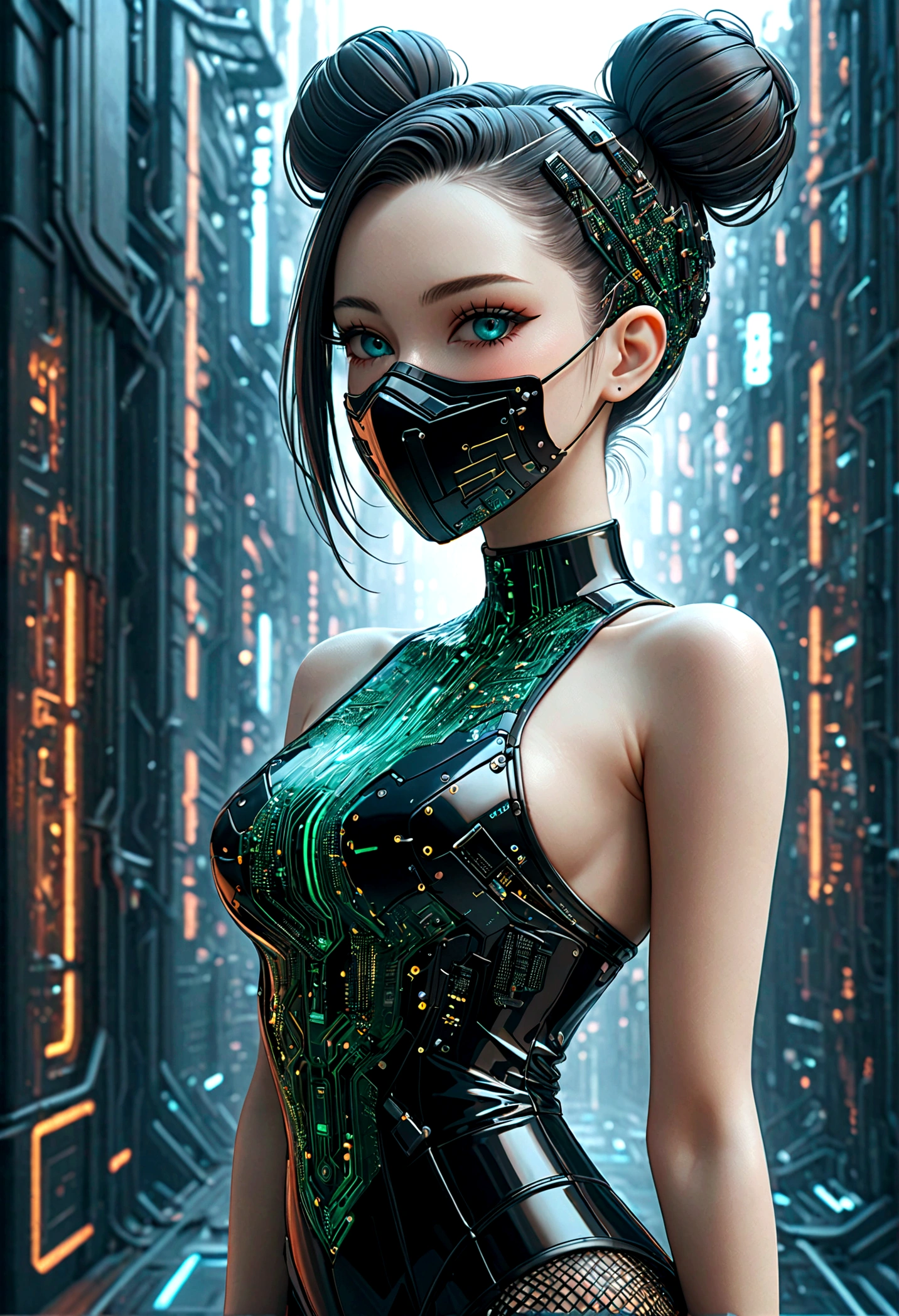 beautiful Cybernetics girl, heart hair bun, Hair accessories, (Delicate skin), Pale skin, black crop top made of circuit boards, Futuristic pants, on branch, v, (Metal Surgical Mesh Mask) Cover your face, ((Mouth covered)), cyberpunk background,Sensual, is attractive, Japanese words with glitter effect, (masterpiece:1.3), (best quality:1.3), (ultra detailed:1.3), 8k, extremely clear