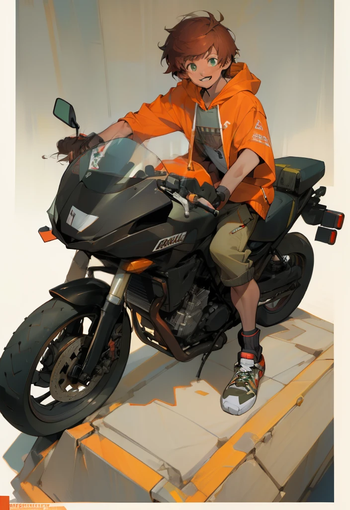 ((masterpiece)), (best quality), (absurdres), (photorealistic:1.4), 1girl, handsome girl,((flat body)) auburn red hair, , hoodie with motor sports jacket , (tanned skin, tanned male skin), bangs, green eyes, , very short messy boy cut hair, smile, grin, :D, longer face, shirt with hoodie on top, back pants, with a bike