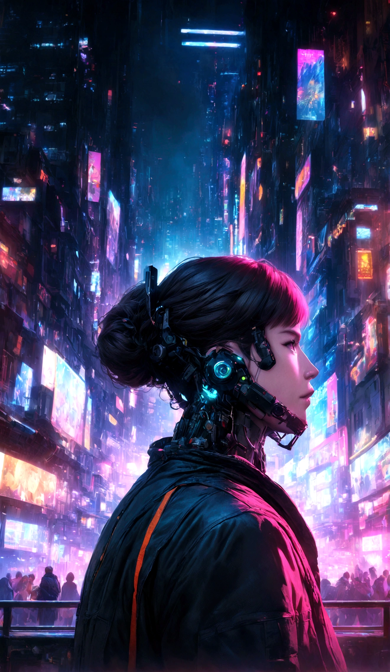((cyberpunk style)), Hi-Tech city, mechanical enhancement, (high-tech fantasy), robotics, blade runner 2049, A detailed image of "a stunning CG, hyper-realistic artwork, with an ultra-high definition, depicting a vibrant city" shining brightly in the cityscape during the late night, captured using a cinematic camera, using portrait mode with cinematic lighting --ar 9:16 --s 1000 --v 6.