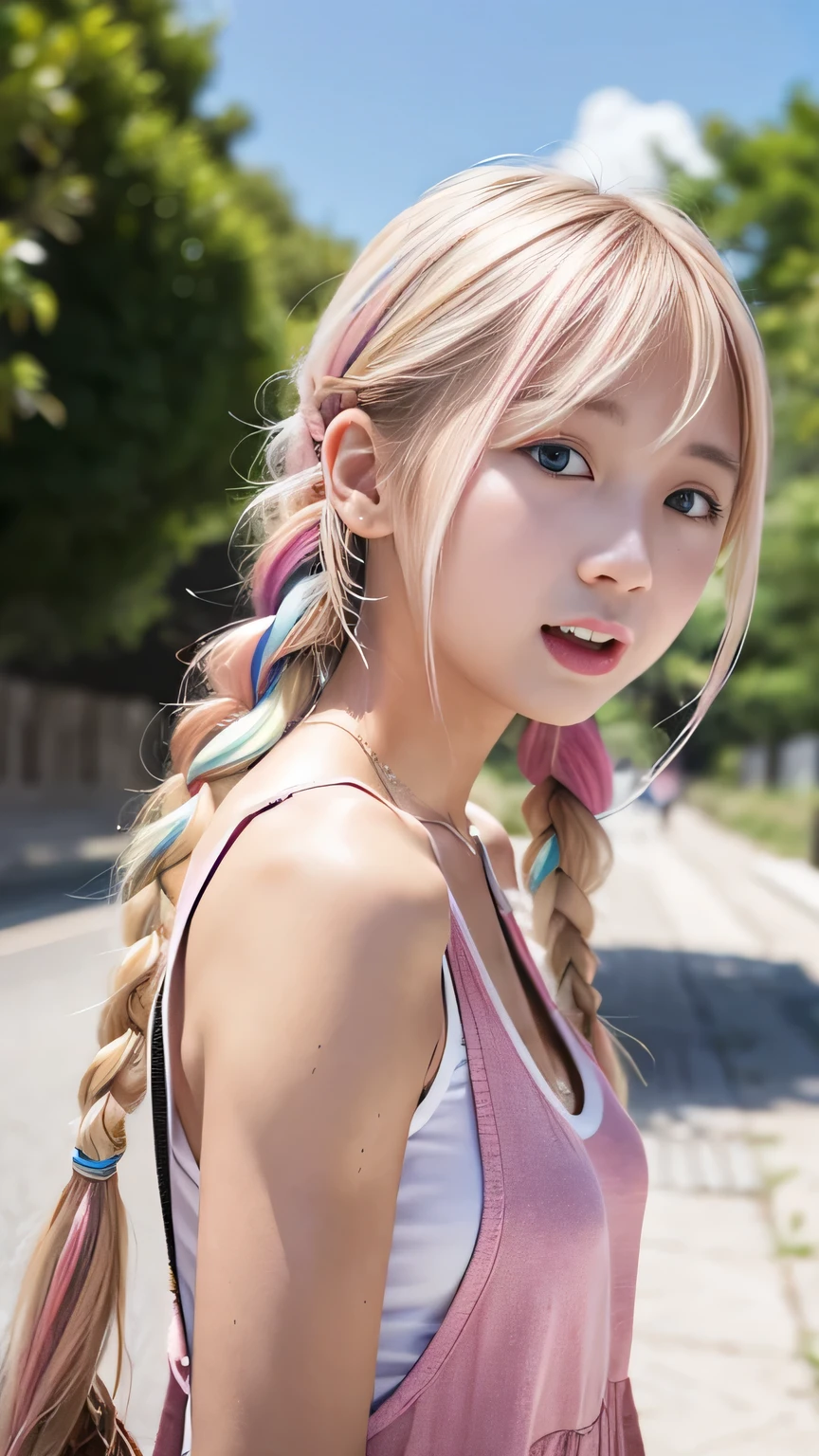 pale, Sunburned skin、Sunburn marks on Sunburned skin、Multicolored Hair、Pink Hair,blonde,Platinum Hair,Brown Hair、A cute 19-year-old girl with a cute expression, A strong wind blows my hair in front of my face、beautiful long blonde French braided hair、beautiful, Cute eyes hidden by long bangs、yawn、Double teeth、Reduces the appearance of nasolabial folds、