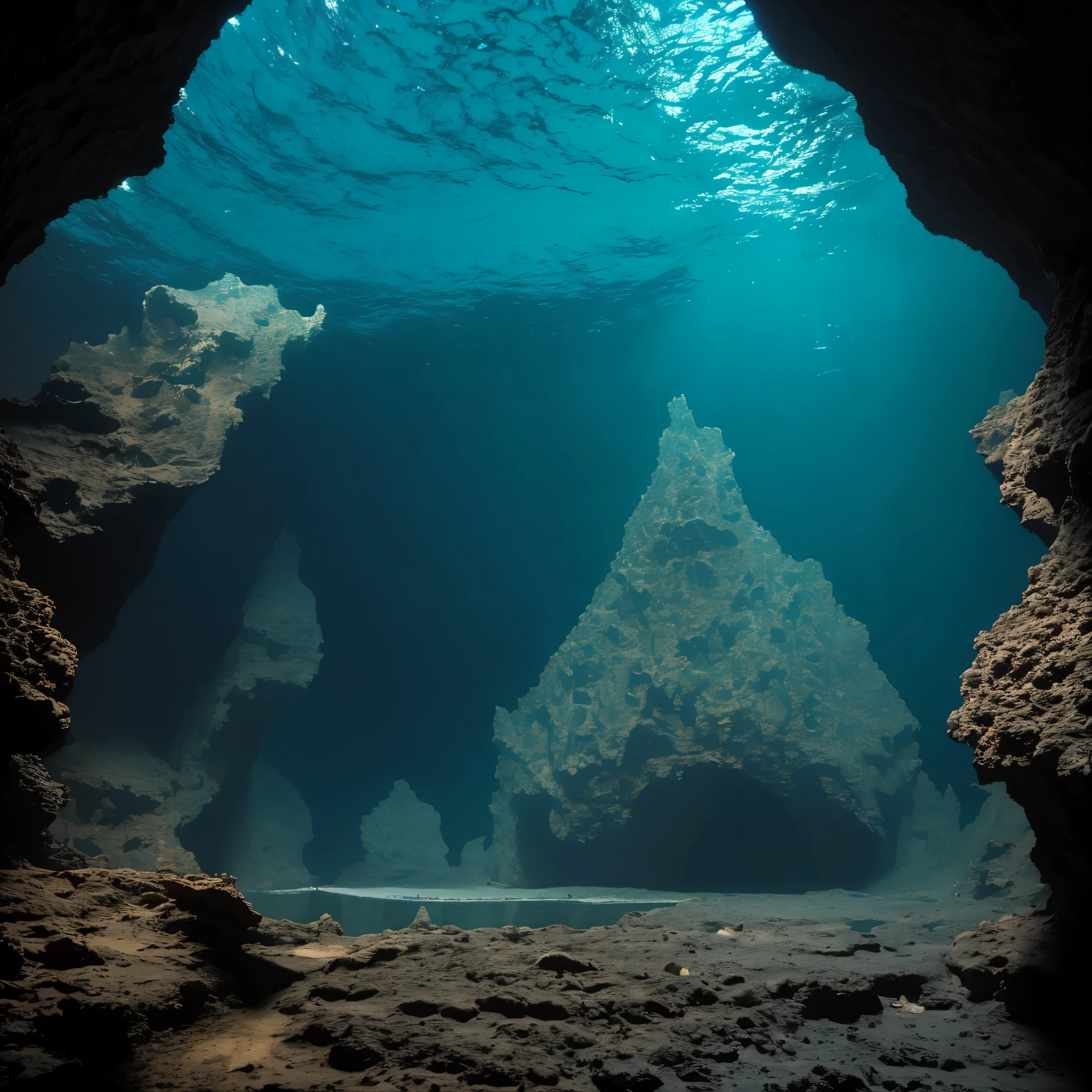 Dark Undersea Cave，Complex terrain，Dark environment，Small schools of fish，Dark cave，Well-connected，Horrible atmosphere