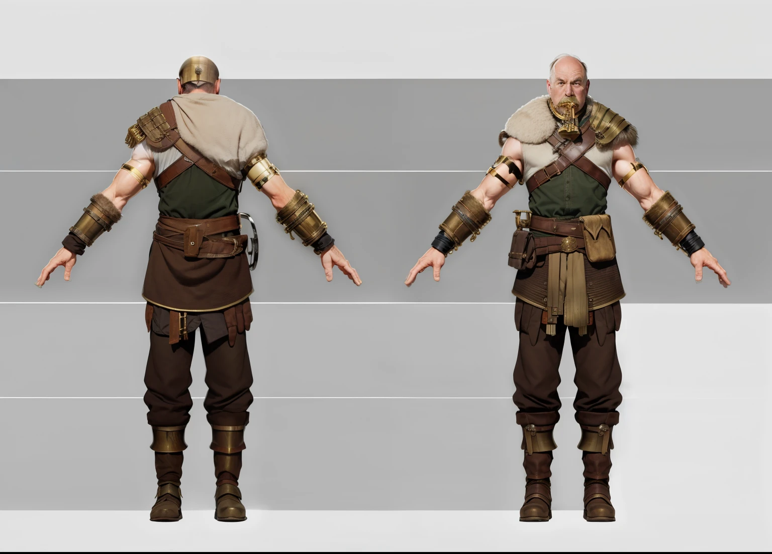 ( Realistic:1.33),(masterpiece:1.1),(highest quality:1.1),(HDR:1) a close up of a muscle hunter with a knife and a belt, full body concept, detailed full body concept, Viking ranger style, Viking protective, Portrait of a Viking, Viking warrior, Viking culture, Nordic warrior, Viking costume, Ancient Viking warrior, male Viking, with Machado, Nordic inspiration, Viking and barbarian aesthetics, full body character concept,costume concept design, full body details, detailed full body concept art, full character body, character model sheet turnaround, fullbody shot turnaround, concept character sheet, full body concept art, reference model sheet , full body concept art, RPG style character, game character design, 3d character reference sheet, video game character concept, detailed character design, character sheet, [ character model sheet turnaround ], front and back, (((front and back))), grey clean background, 3D character, leather belt, leather boots with rob, ((gambeson cloth)), leather belt on chest, (viking warrior), ((barbarian)),(((wide chest)), (gambeson loincloth), ragged loincloth,((woolen drawstring pouch on belt)), ((back muscle)),((back muscle)),((back muscle)),((back muscle)),((back muscle)),((back muscle))