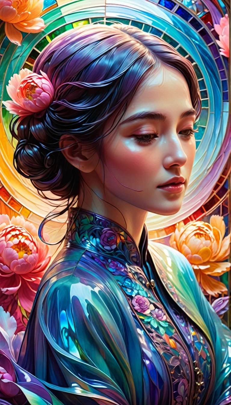 Intricate and elaborate artwork of magical flowing liquid of gorgeous Hijabi woman, rainbow gradients, iridescent peonies,stained glass, by Erin Hanson, Marian Bantjes, Arthur Rackham, James Jean, triadic color, intricate and fluid swirling, 3d liquid detail,solo