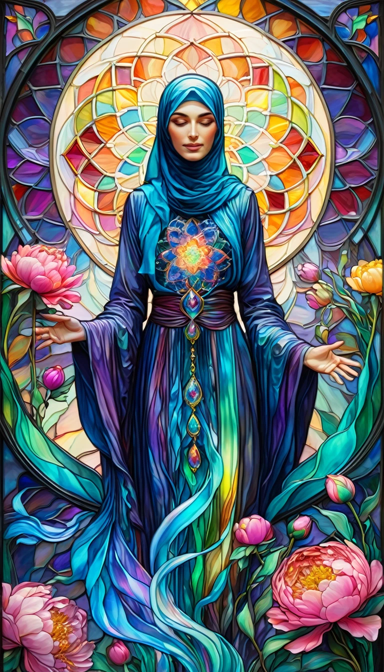 Intricate and elaborate artwork of magical flowing liquid of gorgeous Hijabi woman, rainbow gradients, iridescent peonies,stained glass, by Erin Hanson, Marian Bantjes, Arthur Rackham, James Jean, triadic color, intricate and fluid swirling, 3d liquid detail,solo