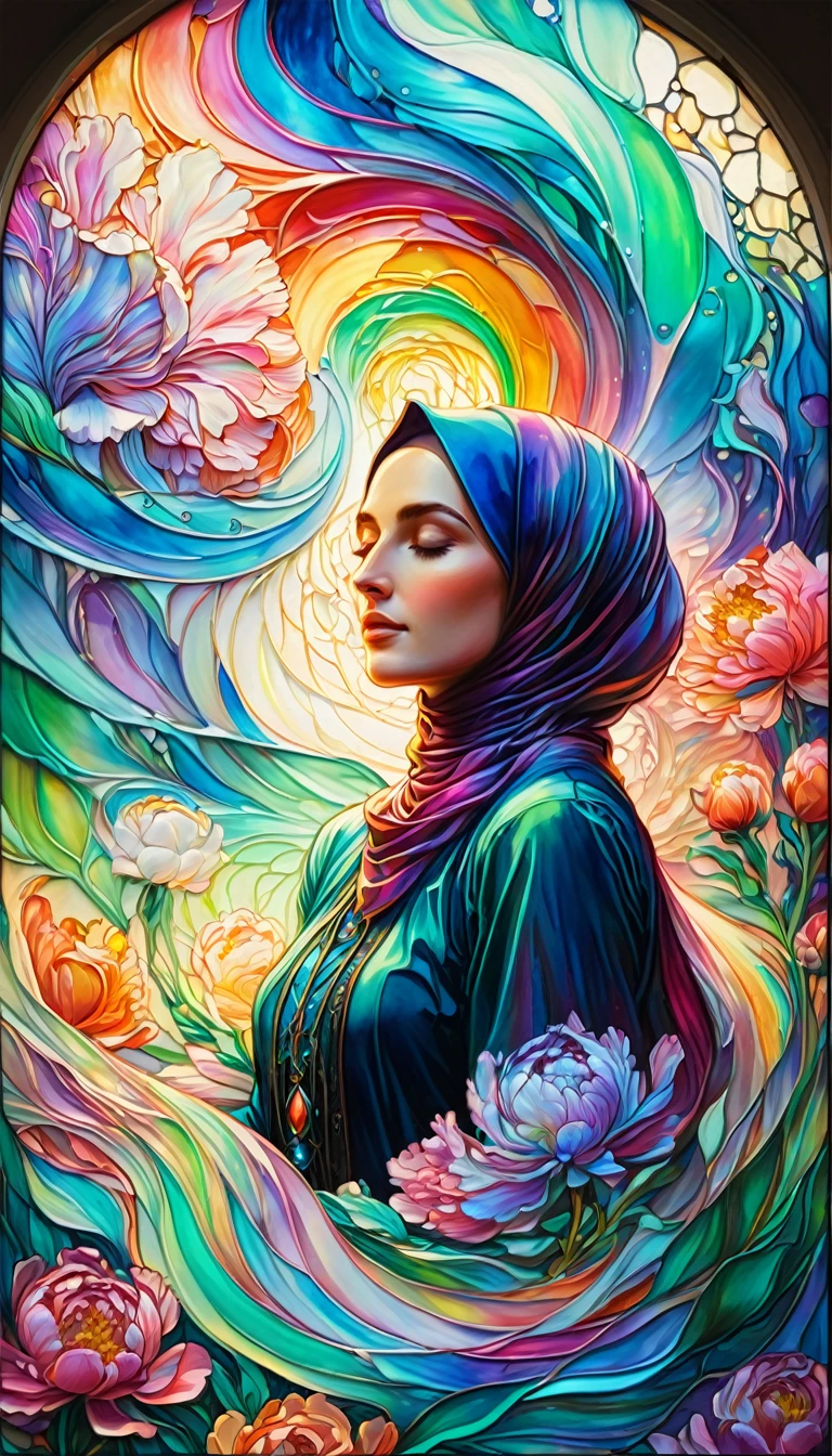 Intricate and elaborate artwork of magical flowing liquid of gorgeous Hijabi woman, rainbow gradients, iridescent peonies,stained glass, by Erin Hanson, Marian Bantjes, Arthur Rackham, James Jean, triadic color, intricate and fluid swirling, 3d liquid detail，solo