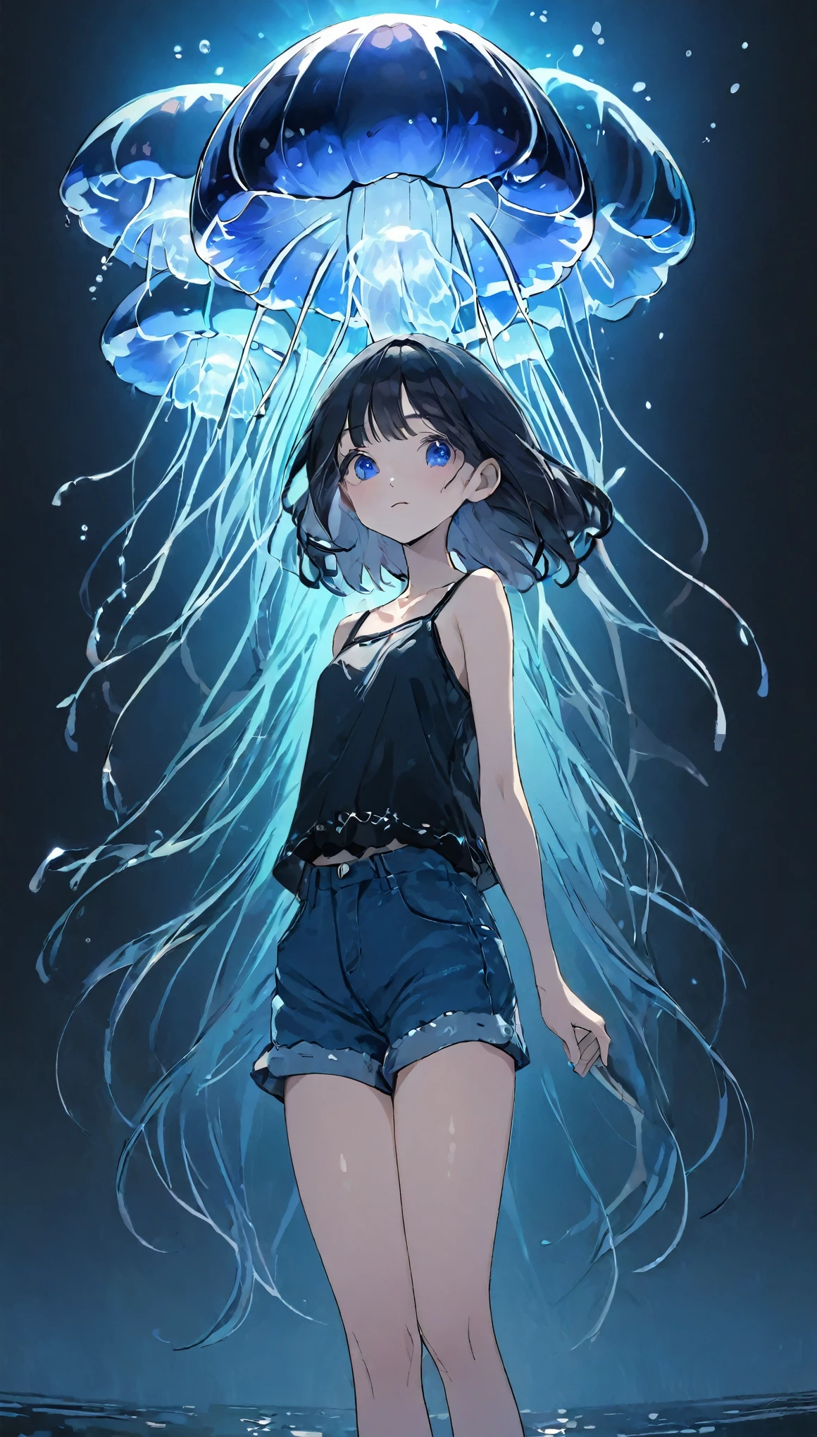highest quality、Masterpiece、High resolution、8k、Pitch Blackの静寂を演出、Wallpaper Art、Super detailed_face_Eye、非常に繊細なfaceと肌の質感、A woman looking around、pretty girl、、camisole、Denim hot pants、Jellyfish floating in the air、Blue glowing jellyfish、Fluorescent jellyfish、Mystical Expressions、Pitch Black、The only light source is the jellyfish、