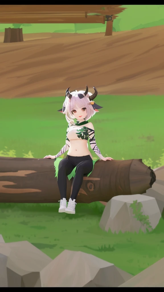 man sitting on a log in a park, insect trainer girl,man design lush horns, upper body , forest punk, upper body, with black horns instead of ears, sitting in the forrest, lineless, wearing animal skin clothing, cute forest creature, vrchat, cute horns