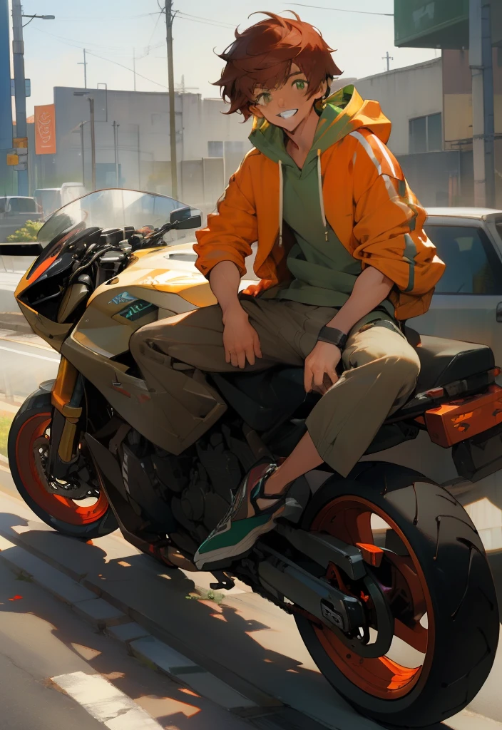 ((masterpiece)), (best quality), (absurdres), (photorealistic:1.4), 1girl, handsome girl,((flat body)) auburn red hair, , hoodie with motor sports jacket , (tanned skin, tanned male skin), bangs, green eyes,  , very short messy boy cut hair, smile, grin, :D, longer face, shirt with hoodie on top, back pants, with a bike