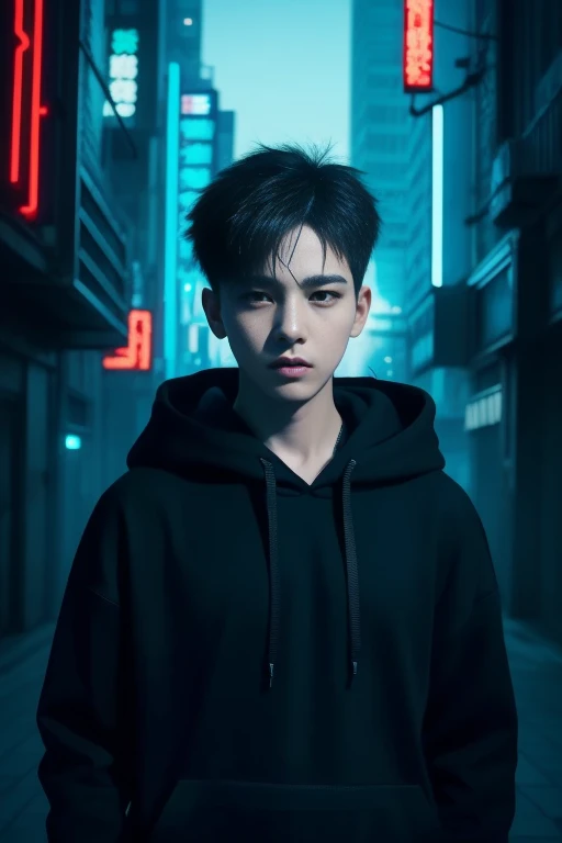 There was a boy wearing a black hoodie，With a knife in his hand, Hyper-realistic cyberpunk style，Digital cyberpunk anime style，cyan colors