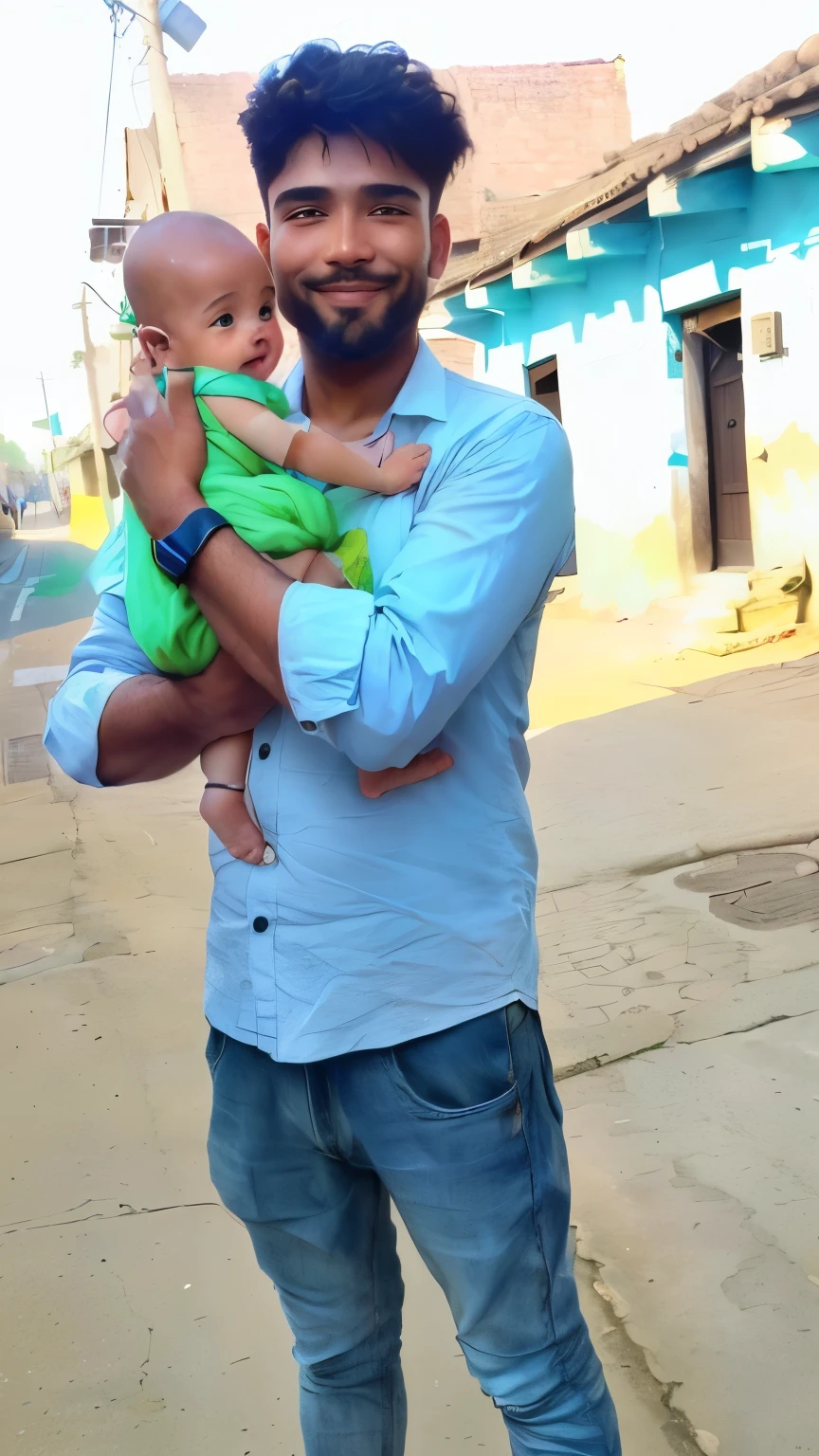 there is a man holding a baby in his arms on the street, with a kid, very very low quality picture, father with , very clear picture, with village, candid picture, thought provoking, with  jesus, taken with the best dlsr camera, with a happy expression, very artistic pose, innocent look, viral post, father, high quality upload