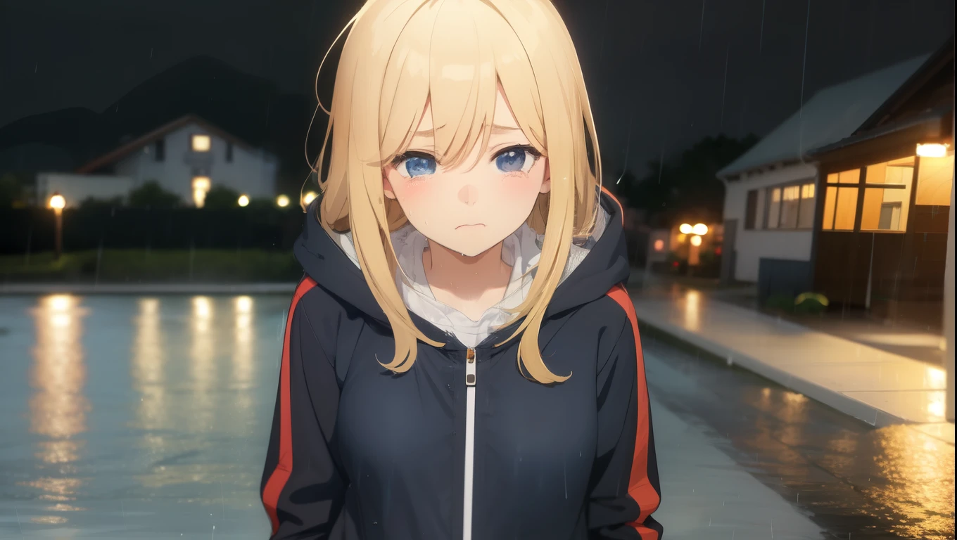 Anime Style、Rainy Town、Girl getting wet in the rain、Raincoat、A sad expression that looks like it's about to cry