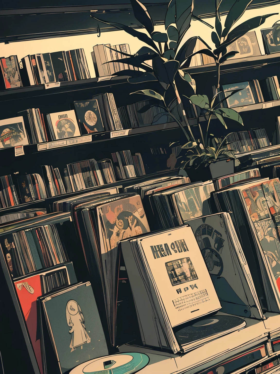 extreme quality, masterpiece, 8k, depth of field, intricate details, (((unattended))), space, movie poster, (((record store))), nostalgia, panorama, long shot, (((records on the shelves.))), (((Various angles))),Future Interior, (((neon))), (((Plants))), (((black color)))